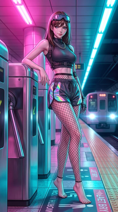 score_9, masterpiece, best quality, ultra-detailed, high-budget anime keyframe, semi-realistic 3D game render, editorial fashion photography, tasteful artistic composition, Korean woman. low angle full-body shot from head to toe showing her feet, fil
