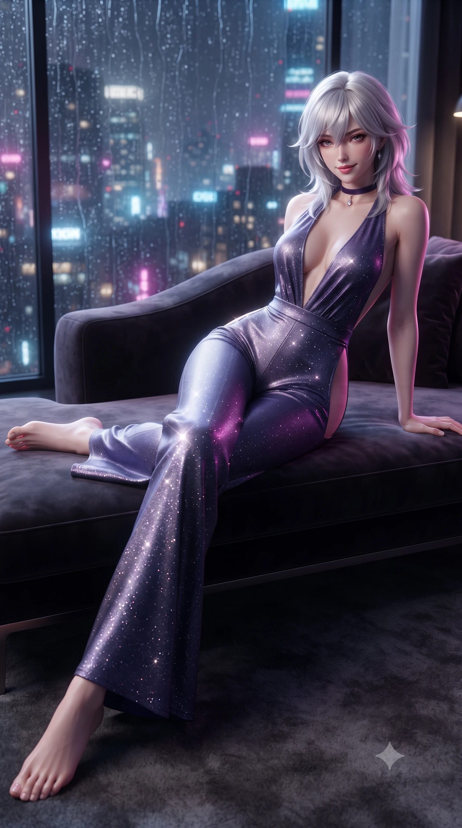 score_9, masterpiece, best quality, ultra-detailed, high-budget anime keyframe, editorial fashion photography, tasteful artistic composition, Japanese woman. low angle full-body shot from head to toe showing her feet, filling the entire 9:16 vertical frame with her statuesque presence, stretching her vertical silhouette. reclining gracefully across the plush chaise lounge with one leg extended, her sculpted silhouette and flat midriff radiating magnetic nocturnal glamour while twisting her slender torso in an alluring contrapposto stance, countless neon city lights refracting through rain rivulets onto her curves. The background shows a soft-focus minimalist penthouse framing softened in high-tech neo-noir shallow focus. She has an absolutely perfect, statuesque 8.5-heads proportion, an exceptionally tall and slender model-like female figure with impossibly long slender legs, an ultra-slim waist, a flat toned midriff, narrow delicate ribcage, and beautifully sculpted feminine hips creating a graceful, slim hourglass silhouette without any bulky heaviness. sharp v-shaped jawline, high-bridge nose, sparkling eyes with hypnotic seductive depth, thick curled eyelashes, glossy parted lips with a natural dewy peach sheen, alluring bedroom-eyes with an enchanting coquettish smile, exuding magnetic siren charisma and sophisticated glamour, flawlessly proportioned anatomical accuracy, strict slender model proportions, natural body alignment, perfectly sculpted long slender limbs, ultra-slim waistline, clean dynamic posture without body distortion. wearing a backless plunge-front silk satin jumpsuit with fluid wide-leg silhouette and side hip cutouts in twilight lavender and midnight indigo, woven from stretch metallic lurex jersey casting radiant starlight glints across her silhouette, finished with a thin velvet ribbon choker and a single teardrop diamond pendant, the form-contouring silhouette accentuating her sculpted flat midriff, narrow delicate ribcage, and gracefully curvy hips with intoxicating allure. illuminated by granite sill reflection bounce and sharp electric-magenta rim lights sculpting her jawline, flat midriff, and voluptuous hip curves. ultra-reflective glossy finish, specular highlights, rich textural contrasts, high-contrast stereoscopic depth, volumetric dynamic lighting, 2k, ultra detail, master piece, 9:16 ratio
