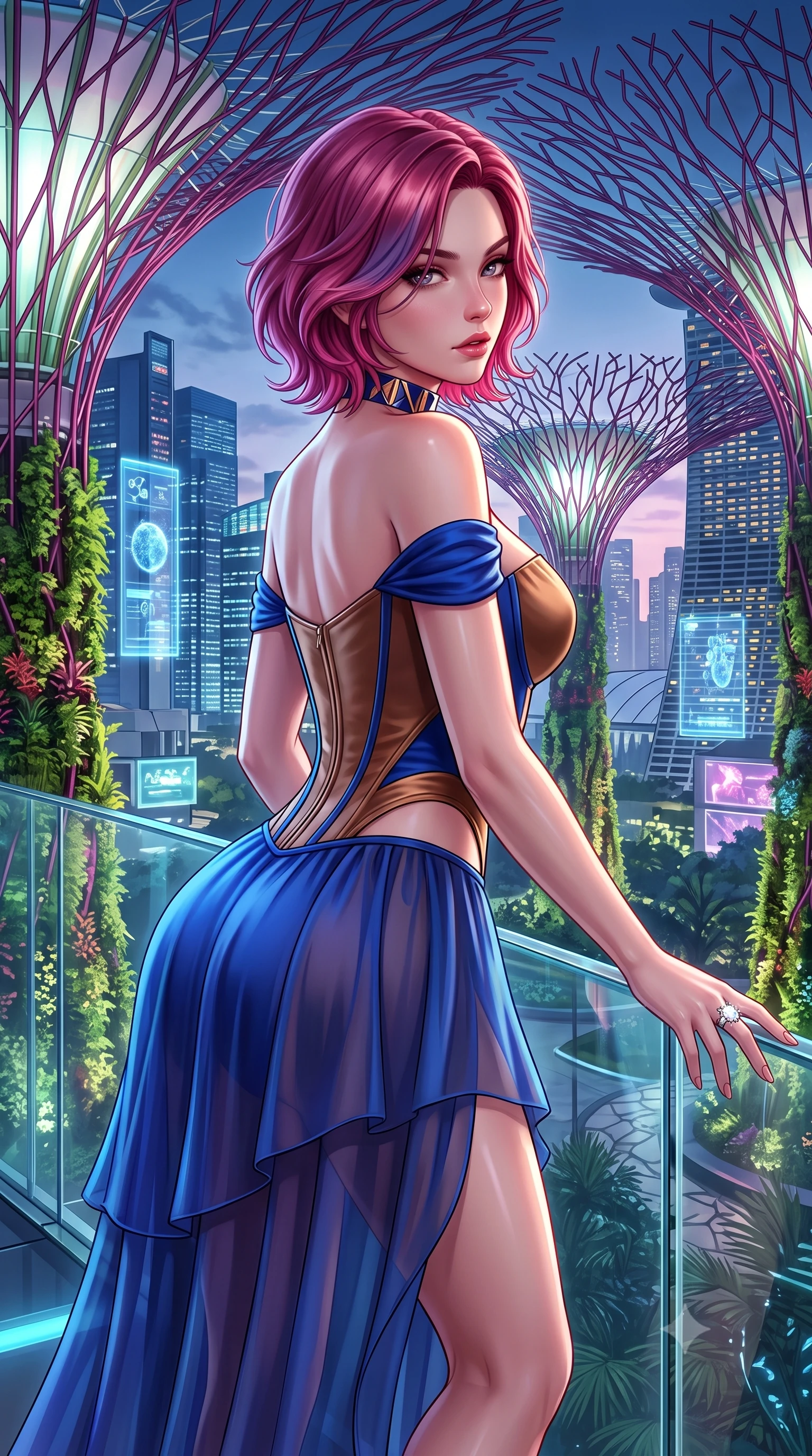 score_9, masterpiece, best quality, ultra-detailed, high-budget anime keyframe, semi-realistic 3D game render, editorial fashion photography, tasteful artistic composition, Caucasian woman. close-up cowboy shot from the waist and thighs up, the character dominates the composition, filling the frame with her large presence. leaning back with relaxed seductive grace, her sculpted collarbones and narrow waist highlighted as she casts smoldering bedroom-eyes directly into the camera while leaning forward over the transparent skyway glass railing with hips cocked back, looking back over her shoulder as glowing supertree branches illuminate her curvy hips. The surrounding environment is rendered in vivid detail and crisp panoramic clarity. vibrant high-contrast cyberpunk botanical chiaroscuro and cutting-edge tropical metropolis aesthetics in precision. She has an exceptionally elegant, slender, and willowy female figure with an ultra-slim waist, flat toned midriff, narrow ribcage, and sculpted feminine hips creating an alluring, slim hourglass silhouette without bulk. sharp v-shaped jawline, high-bridge nose, intricate jewel-like eyes with depth, thick eyelashes, glossy parted lips with a natural sheen, intensely captivating and seductive bedroom-eyes expression, flawlessly proportioned anatomical accuracy, strict slender model proportions, natural body alignment, perfectly sculpted long slender limbs, ultra-slim waistline, clean dynamic posture without body distortion. wearing an off-shoulder French court corset bodice dress paired with a tiered translucent chiffon slit skirt in royal sapphire blue and liquid bronze, made of fluid silk crepe with delicate inner corsetry boning, complemented by a bold geometric choker and sparkling cocktail ring, the precision-cut side openings and low-back scoop framing her graceful spine and the sensual sweep of her slim, toned hips. illuminated by wet specular glass bounce lights sculpting her toned waistline, slender spine, and feminine hips. highly saturated vibrant anime colors, detailed shading with soft gradients, rich glossy textures, high-contrast stereoscopic depth, volumetric dynamic lighting, master piece, 9:16 ratio