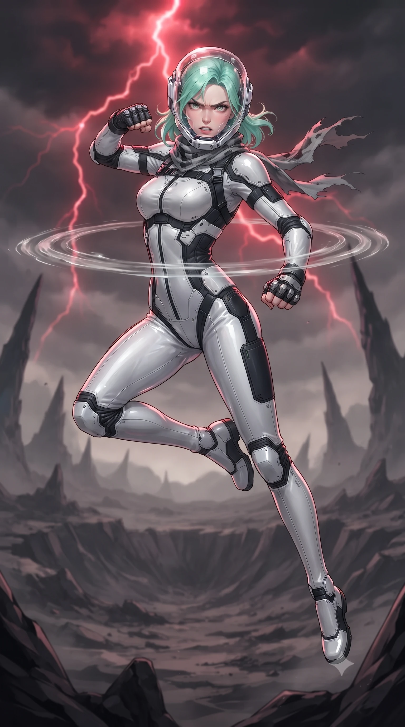 score_9, masterpiece, best quality, ultra-detailed, high-budget anime keyframe, editorial fashion photography, tasteful artistic composition, Japanese woman. low angle full-body shot from head to toe showing her feet, filling the entire 9:16 vertical frame with her statuesque presence, stretching her vertical silhouette. leaping into mid-air with an athletic yet alluring arch of her spine, driving a downward kinetic strike surrounded by a ring of displaced air while standing tall on a jagged obsidian ridge with wind tearing at her tactical scarf, silhouette dominating the desolate horizon. The composition keeps background elements in soft focus with creamy bokeh. jagged obsidian spires and barren wasteland craters softened in dreamy atmospheric depth. She has an absolutely perfect, statuesque 8.5-heads proportion, an exceptionally tall and slender model-like female figure with impossibly long slender legs, a toned flat midriff, and an ultra-slim waist. sharp v-shaped jawline, high-bridge nose, intricate jewel-like eyes with depth, thick eyelashes, glossy lips with a natural sheen, fierce and resolute heroine expression, flawlessly proportioned anatomical accuracy, strict slender model proportions, natural body alignment, perfectly sculpted long slender limbs, ultra-slim waistline, clean dynamic posture without body distortion. wearing a crystal-clear transparent armored riot-visor helmet showing her entire beautiful face and determined expression with pristine clarity, paired with a tailored tactical combat jumpsuit with an open-back harness design, reinforced composite breastplate, and high-mobility elbow dampers in monochrome white enamel carbon with high-contrast black tactical panels, made of lightweight aerodynamic carbon-titanium alloy with precision-beveled armor seams, detailed with kinetic shock-dampening knuckle guards and polished chrome connection joints, the liquid-tight tailored fabric emphasizing every curve of her tall, slender model proportions and sculptured silhouette during dynamic movement. bathed in eerie crimson lightning storm backlighting and ominous dark ash ambient fill. ultra-reflective glossy finish, specular highlights, dark metallic sheen, high-contrast stereoscopic depth, volumetric dynamic lighting, 2k, ultra detail, master piece, 9:16 ratio