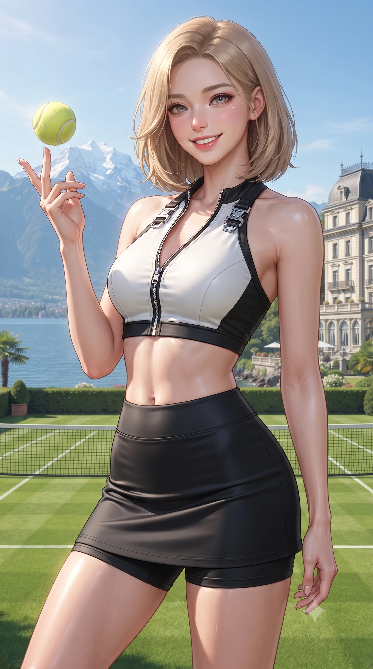 score_9, masterpiece, best quality, ultra-detailed, high-budget anime keyframe, editorial fashion photography, tasteful artistic composition, Korean woman. close-up cowboy shot from the waist and thighs up, the character dominates the composition, filling the frame with her large presence. playfully spinning a tennis ball on her fingertips, her radiant smile capturing fresh girlhood charm while her arched torso reveals an intoxicating hip contour while standing on the pristine grass court overlooking Lake Geneva, arching her back with high-society poise as snowy Mont Blanc glimmers in the distance. The surrounding environment is rendered in vivid detail and crisp panoramic clarity: detailed cashmere cable-knit texture, alpine sun on skin, and neoclassical lakefront chateau architecture in high resolution. She has an exceptionally elegant, slender, and willowy female figure with an ultra-slim waist, flat toned midriff, narrow ribcage, and sculpted feminine hips creating an alluring, slim hourglass silhouette without bulk. sharp v-shaped jawline, high-bridge nose, sparkling eyes with athletic focus and depth, thick curled eyelashes, glossy parted lips with a natural coral-peach sheen, bright confident and coquettish smile with alluring bedroom-eyes, exuding both youthful sporty vigor and sovereign high-society glamour, flawlessly proportioned anatomical accuracy, strict slender model proportions, natural body alignment, perfectly sculpted long slender limbs, ultra-slim waistline, clean dynamic posture without body distortion. wearing a modern two-piece athletic set featuring a zip-front halter sports crop top and curve-hugging tennis skirt with built-in compression shorts in dual-tone high-contrast racing monochrome, made of smooth liquid-tight stretch jersey emphasizing every curve of her body, finished with polished chrome zipper pulls and racing harness buckle hardware, the form-contouring athletic cut accentuating her sculpted flat midriff, narrow delicate ribcage, and gracefully curvy hips with supermodel precision. bathed in luminous alpine morning sunlight cascading across the vast lake basin. ultra-reflective glossy finish, specular highlights, rich textural contrasts, high-contrast stereoscopic depth, volumetric dynamic lighting, 2k, ultra detail, master piece, 9:16 ratio