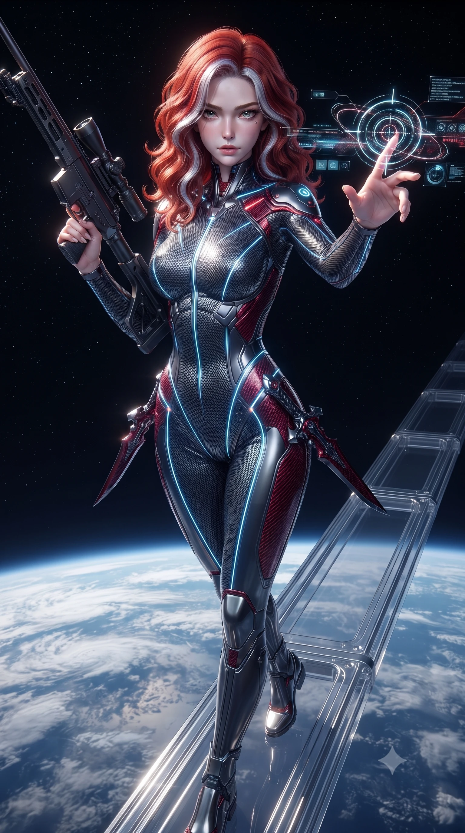 score_9, masterpiece, best quality, ultra-detailed, high-budget anime keyframe, editorial fashion photography, tasteful artistic composition, Caucasian woman. close-up cowboy shot from the waist and thighs up, the character dominates the composition, filling the frame with her large presence. extending one arm gracefully as glowing holographic targeting reticles and data streams orbit her fingertips with sovereign power while stepping along a suspended gantry extending into the starry void with sniper rifle held in a relaxed, sovereign posture. The surrounding environment is rendered in vivid detail and crisp panoramic clarity. detailed magnetic boot clamp seams, Earth's atmospheric cloud patterns, and titanium gantry in high clarity. She has an exceptionally elegant, slender, and willowy female figure with an ultra-slim waist, a gracefully sculpted slender torso, toned flat midriff, and a refined slim silhouette. sharp v-shaped jawline, high-bridge nose, intricate jewel-like eyes with depth, thick eyelashes, glossy lips with a natural sheen, flawlessly proportioned anatomical accuracy, strict slender model proportions, natural body alignment, perfectly sculpted long slender limbs, ultra-slim waistline, clean dynamic posture without body distortion. wearing an aerodynamic dark titanium carbon-mesh jumper with glowing blue fiber lines, holding twin chrome vibro-daggers with deadly supermodel poise in deep crimson carbon weave with specular dark chrome accents, made of liquid carbon-jersey fabric adhering flawlessly to her sculpted silhouette, accented with glowing fiber-optic conduits tracing her collarbones and hip curves, the sleek second-skin cut tightly hugging her graceful clavicle, narrow waist, and feminine curves with athletic precision. surrounded by an awe-inspiring, calm, and radiantly deadly orbital sharpshooter goddess aura. ultra-reflective glossy finish, specular highlights, dark metallic sheen, high-contrast stereoscopic depth, volumetric dynamic lighting, 2k, ultra detail, master piece, 9:16 ratio