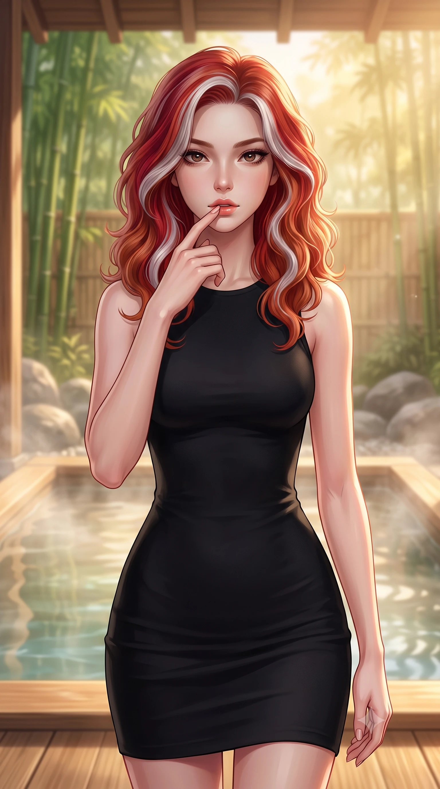 score_9, masterpiece, best quality, ultra-detailed, high-budget anime keyframe, editorial fashion photography, tasteful artistic composition, Caucasian woman woman. close-up cowboy shot from the waist and thighs up, the character dominates the composition, filling the frame with her large presence, background elements kept in soft focus. pressing one finger to her bottom lip in a thoughtful, seductive gesture under the warm sun the background shows a soft-focus a wooden open-air hot spring pool surrounded by dense green bamboo and smooth stones. She has an exceptionally elegant, slender, and willowy female figure with an ultra-slim waist, a gracefully sculpted slender torso, and a refined silhouette. sharp v-shaped jawline, high-bridge nose, intricate jewel-like eyes with depth, thick eyelashes, glossy lips with a natural sheen. wearing a tailored form-fitting black bodycon dress in structured crepe fabric with a simple crew neck. soft morning mist rising from the water, diffusing the golden sunlight. 2k, ultra detail, master piece, 9:16 ratio