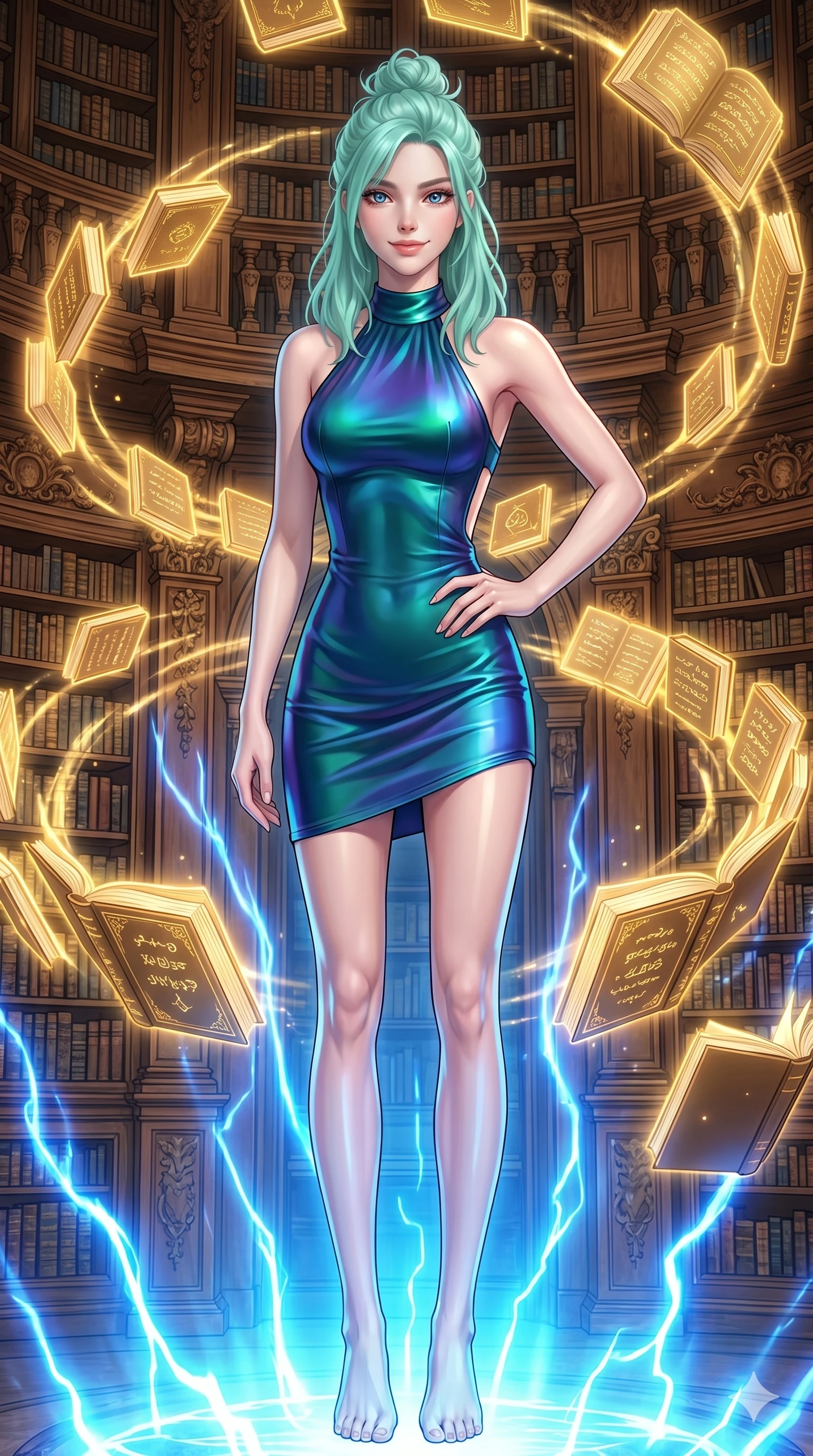 score_9, masterpiece, best quality, ultra-detailed, high-budget anime keyframe, editorial fashion photography, tasteful artistic composition, Caucasian woman, strictly human ears. cowboy shot from the thighs up, character and outfit filling the frame for maximum editorial presence. Smiling with quiet, magnetic self-assurance directly into the camera amidst a baroque library where glowing golden books orbit in slow spiral patterns. She has an absolutely perfect 8-heads proportion, an exceptionally tall and slender female figure with impossibly long slender legs and an ultra-slim waist. V-shaped jawline, high-bridge nose, intricate jewel-like eyes with depth, thick eyelashes, glossy lips with a natural sheen. wearing an iridescent color-shifting halter-neck mini dress with a structured open-back, a precision-fitted form-contouring body and an elevated hemline at the upper thigh. highlighted by pulsing electric blue plasma arc lighting from below, casting dramatic upward shadows. 2k, ultra detail, master piece, 9:16 ratio