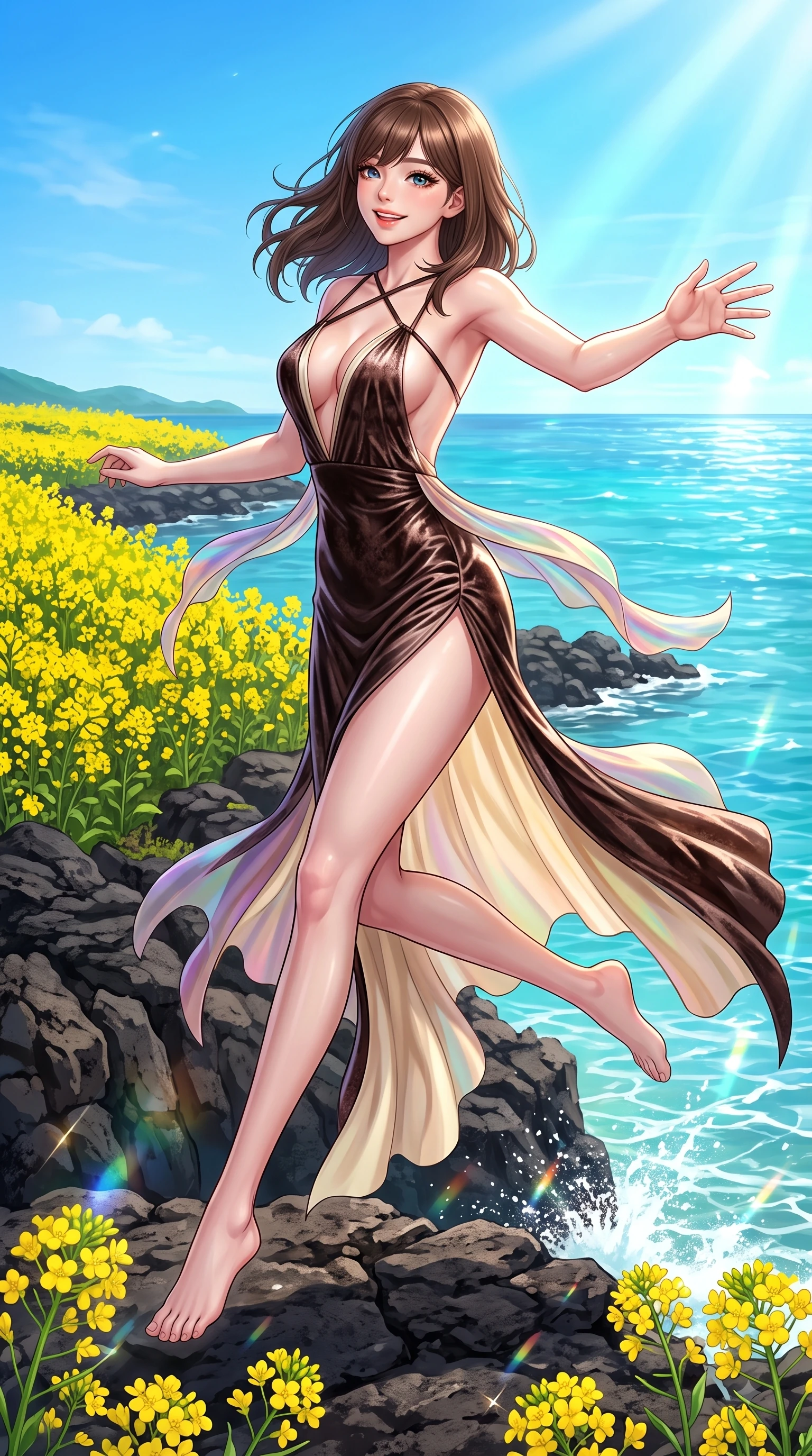 score_9, masterpiece, best quality, ultra-detailed, high-budget anime keyframe, editorial fashion photography, tasteful artistic composition, Korean woman. low angle full-body shot from head to toe showing her feet, filling the entire 9:16 vertical frame with her statuesque presence, stretching her vertical silhouette. leaping with pure youthful energy through mid-air with a radiant bright smile, her impossibly long slender legs stretched in balance while reaching out cheerfully to feel the fresh ocean breeze while smiling happily at the sea, blooming yellow canola flowers and dark volcanic basalt rocks contrasting with azure sea. She has an absolutely perfect, statuesque 8.5-heads proportion, an exceptionally tall and slender model-like female figure with impossibly long slender legs and an ultra-slim waist. sharp v-shaped jawline, high-bridge nose, intricate jewel-like eyes with depth, thick eyelashes, glossy lips with a natural sheen, flawlessly proportioned anatomical accuracy, natural body alignment, perfectly sculpted elegant limbs, clean dynamic posture without body distortion. wearing a backless crushed velvet gown with a deep V-neckline and high thigh slit in espresso brown and warm cream, crafted from iridescent chiffon that shifts colors in the light, complemented by criss-cross back straps highlighting her bare shoulders, the sleek second-skin texture accentuating her magnetic presence. bathed in bright sunny tropical sunbeams and sparkling turquoise sea refractions. highly saturated vibrant anime colors, detailed shading with soft gradients, rich glossy textures, high-contrast stereoscopic depth, volumetric dynamic lighting, master piece, 9:16 ratio