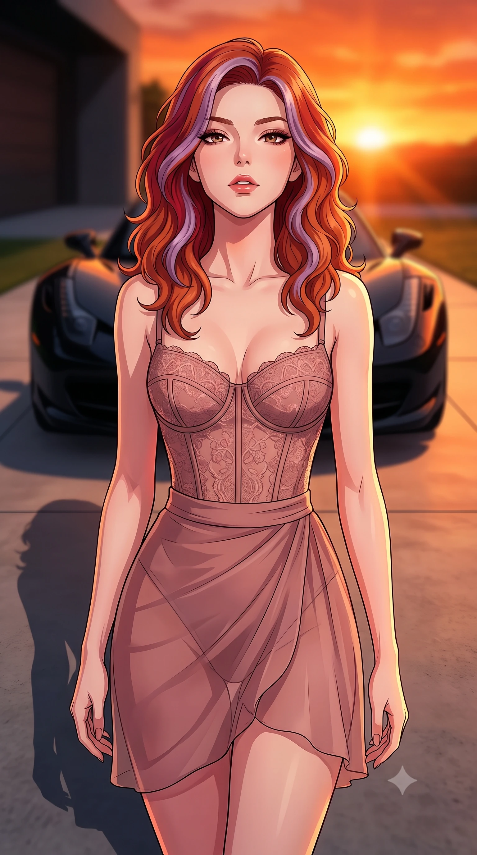 score_9, masterpiece, best quality, ultra-detailed, high-budget anime keyframe, tasteful artistic composition, Caucasian woman. close-up cowboy shot from the waist and thighs up, the character dominates the composition, filling the frame with her large presence, background elements kept in soft focus. tilting her chin up slightly with lips parted in a composed, provocative expression the background shows a soft-focus a modern concrete driveway facing a sleek black sports car at sunset. She has an exceptionally elegant, slender, and willowy female figure with an ultra-slim waist, a gracefully sculpted slender torso, and a refined silhouette. sharp v-shaped jawline, high-bridge nose, intricate jewel-like eyes with depth, thick eyelashes, glossy lips with a natural sheen. wearing a tailored delicate lace corset-style bustier top in dusty rose, paired with a sheer chiffon wrap skirt. the dramatic orange glow of a sunset casting long shadows of the car and her figure. highly saturated vibrant anime colors, cel-shading, 2d style, master piece, 9:16 ratio