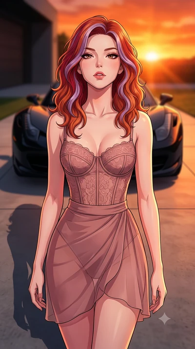 score_9, masterpiece, best quality, ultra-detailed, high-budget anime keyframe, tasteful artistic composition, Caucasian woman. close-up cowboy shot from the waist and thighs up, the character dominates the composition, filling the frame with her lar