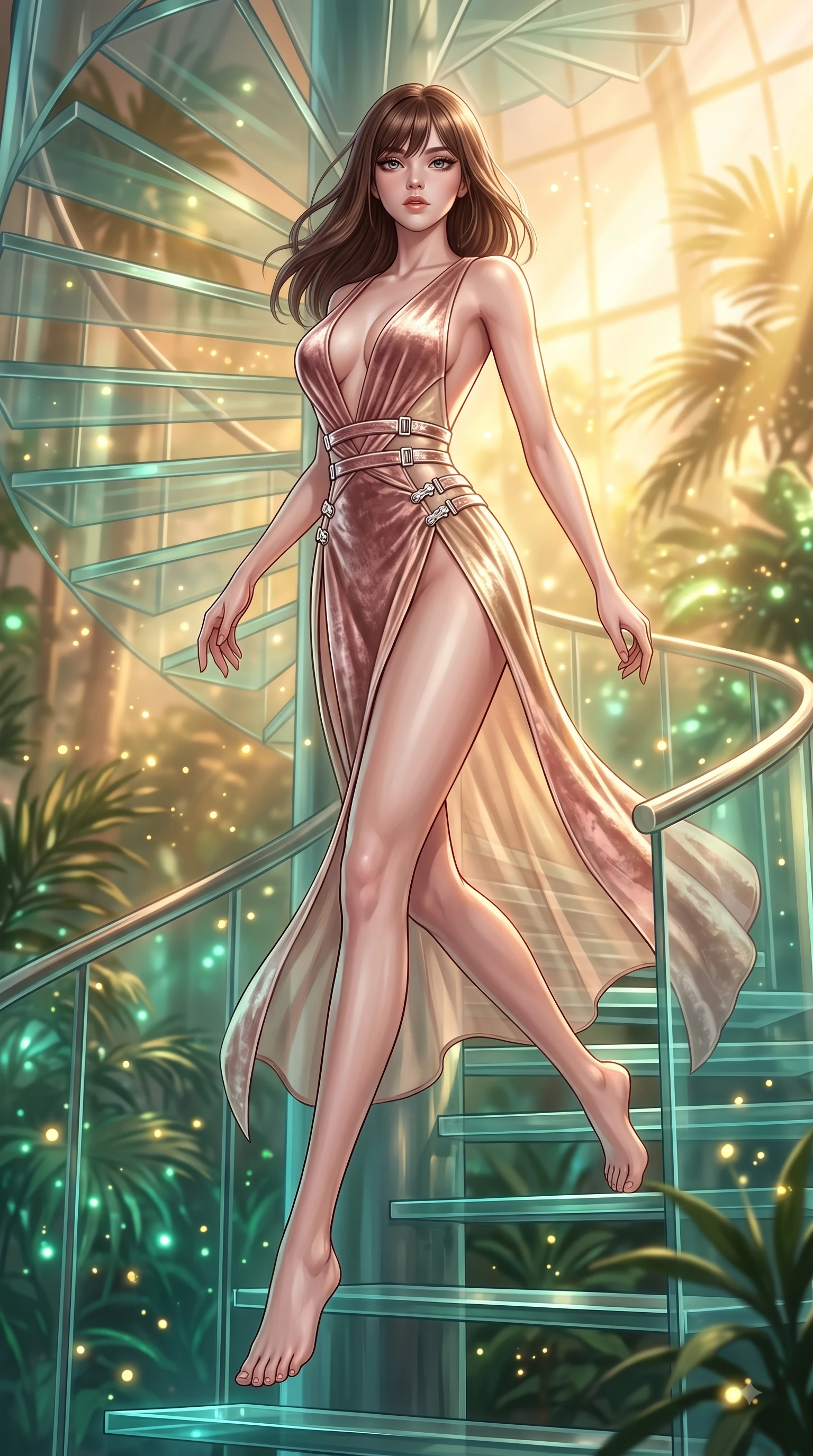 score_9, masterpiece, best quality, ultra-detailed, high-budget anime keyframe, editorial fashion photography, tasteful artistic composition, Korean woman. low angle full-body shot from head to toe showing her feet, filling the entire 9:16 vertical frame with her statuesque presence, stretching her vertical silhouette. leaping gracefully through mid-air with statuesque elegance, her impossibly long slender legs stretched in perfect balance while ascending a vertical glass spiral staircase enveloped by tropical volumetric sunbeams, glowing pollen particles drifting gracefully around her statuesque silhouette. She has an absolutely perfect, statuesque 8.5-heads proportion, an exceptionally tall and slender model-like female figure with impossibly long slender legs and an ultra-slim waist. sharp v-shaped jawline, high-bridge nose, intricate jewel-like eyes with depth, thick eyelashes, glossy lips with a natural sheen, flawlessly proportioned anatomical accuracy, natural body alignment, perfectly sculpted elegant limbs, clean dynamic posture without body distortion. wearing a backless crushed velvet gown with a deep V-neckline and high thigh slit in dusty rose and champagne gold, woven from fine semi-opaque sheer organza, detailed with polished silver buckles along the waistline, the tailored fabric tightly following every curve of her athletic build. bathed in warm golden sunlight and soft emerald bioluminescent glow. ultra-reflective glossy finish, specular highlights, metallic sheen, high-contrast stereoscopic depth, volumetric dynamic lighting, 2k, ultra detail, master piece, 9:16 ratio
