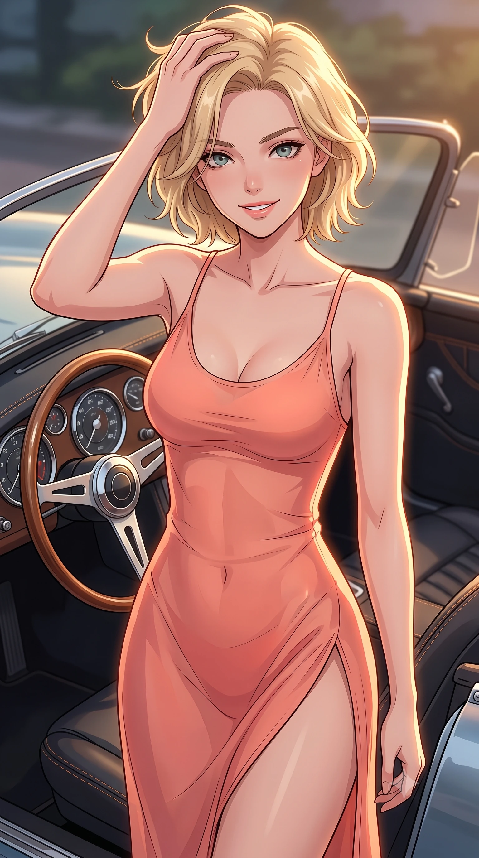score_9, masterpiece, best quality, ultra-detailed, high-budget anime keyframe, tasteful artistic composition, Caucasian woman. close-up cowboy shot from the waist and thighs up, the character dominates the composition, filling the frame with her large presence, background elements kept in soft focus. smiling with quiet, magnetic self-assurance directly into the camera, running a hand through her hair the background shows a soft-focus the driver seat of a classic roadster with wooden steering wheel and chrome dials. She has an exceptionally elegant, slender, and willowy female figure with an ultra-slim waist, a gracefully sculpted slender torso, and a refined silhouette. sharp v-shaped jawline, high-bridge nose, intricate jewel-like eyes with depth, thick eyelashes, glossy lips with a natural sheen. wearing a body-hugging high-slit sheer chiffon resort dress in soft coral, revealing the contours of her athletic build through the fabric. warm golden hour light tracing her silhouette with a soft glowing rim light. highly saturated vibrant anime colors, cel-shading, 2d style, master piece, 9:16 ratio