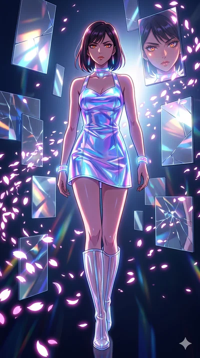 score_9, masterpiece, best quality, ultra-detailed, Set A: High-budget Anime Keyframe, Japanese woman. Upper body close-up from the thighs up, character filling the screen for maximum presence. Walking gracefully through a dimension of floating mirro