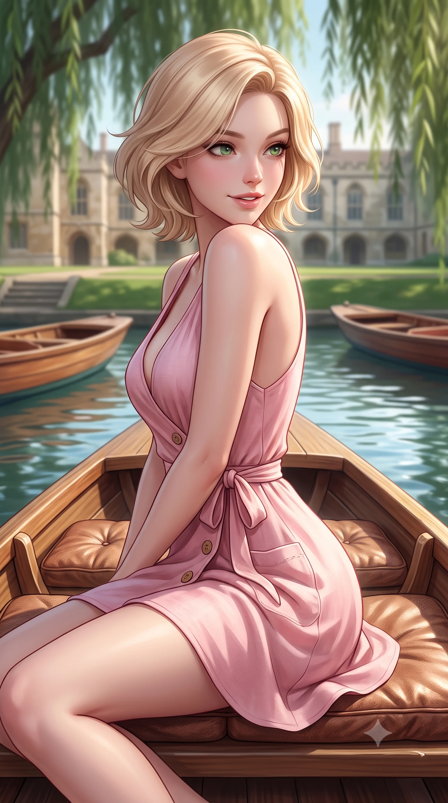 score_9, masterpiece, best quality, ultra-detailed, high-budget anime keyframe, semi-realistic 3D game render, editorial fashion photography, tasteful artistic composition, Caucasian woman. close-up cowboy shot from the waist and thighs up, the character dominates the composition, filling the frame with her large presence. posing in an alluring rear three-quarter angle, turning over a bare shoulder with an intoxicating cute smile, her hips cocked back to highlight her slim hourglass curve while sitting on the wooden punting boat cushions moored beneath weeping willows, looking over her shoulder with enchanting, playful bedroom-eyes. The composition keeps background elements in soft focus with dreamy creamy bokeh. wooden punting boats and historic stone quads softened in nostalgic collegiate shallow focus. She has an exceptionally elegant, slender, and willowy female figure with an ultra-slim waist, flat toned midriff, narrow ribcage, and sculpted feminine hips creating an alluring, slim hourglass silhouette without bulk. sharp v-shaped jawline, high-bridge nose, intricate jewel-like sparkling eyes with depth, thick eyelashes, glossy parted lips with a natural peach sheen, bright cheerful beaming smile with an enchanting and coquettish sensual glint, exuding both youthful cute charm and seductive allure, flawlessly proportioned anatomical accuracy, strict slender model proportions, natural body alignment, perfectly sculpted long slender limbs, ultra-slim waistline, clean dynamic posture without body distortion. wearing a breezy wrap mini dress with a deep V-neckline and tie-waist accentuating her sculpted flat midriff and hips in cherry blossom pink and soft rose gold, crafted from soft breathable linen with effortless natural drape, finished with neat front wooden buttons and delicate pocket details, the high-waisted tailoring accentuating her ultra-slim waistline and the enchanting curve of her feminine hips with alluring charm. illuminated by calm river water specular reflections accentuating her sculpted collarbones, ultra-slim waist, and curvy hips. highly saturated vibrant anime colors, detailed shading with soft gradients, rich glossy textures, high-contrast stereoscopic depth, volumetric dynamic lighting, master piece, 9:16 ratio