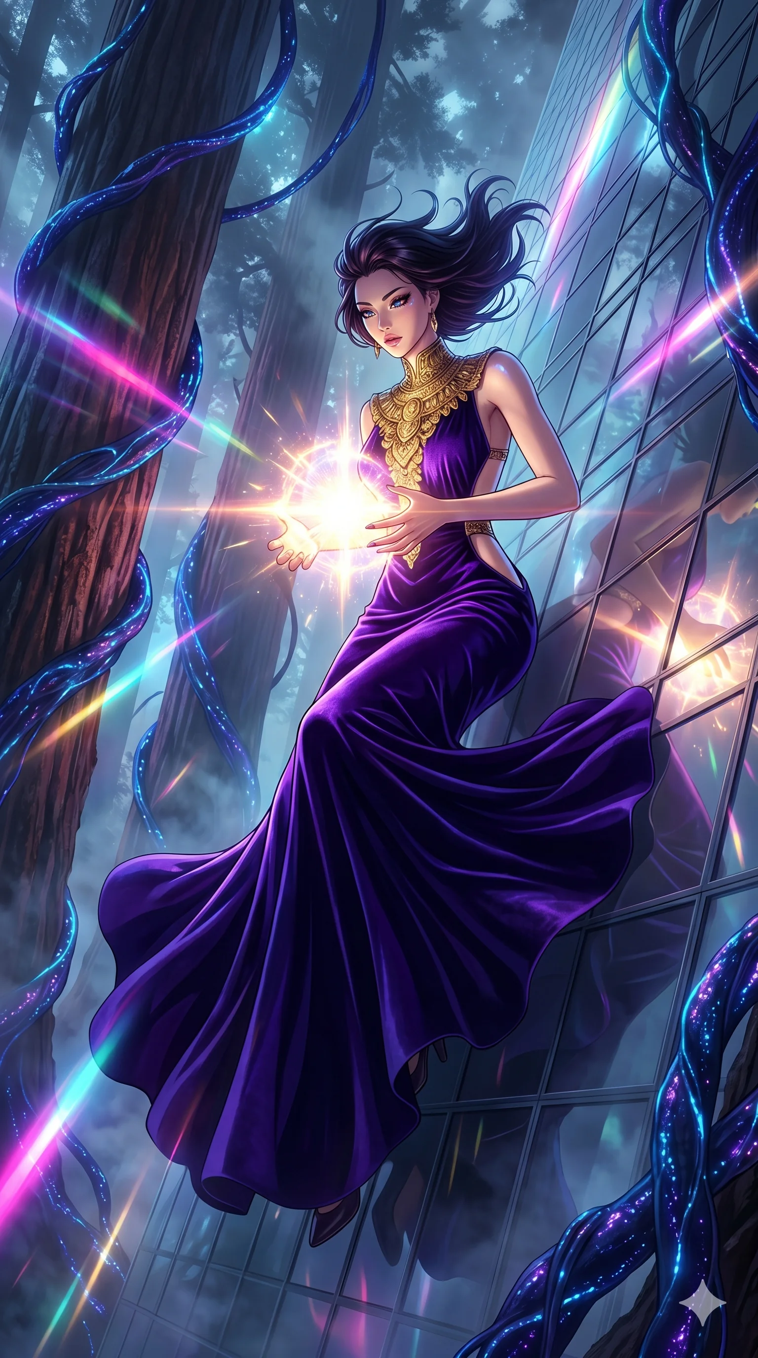 score_9, masterpiece, best quality, ultra-detailed, Set A: High-budget Anime Keyframe, Korean woman. Low angle cowboy shot filling the entire 9:16 frame with her statuesque presence. Theme: Abstract Cosmic. sliding down a glass skyscraper in a giant redwood forest with glowing vines, holding a glowing core that hums with the power of 52 suns. The atmosphere is filled with heavy smog with neon flares. She has an absolutely perfect 8-heads proportion, an exceptionally tall and slender female figure with impossibly long slender legs and an ultra-slim waist. Sharp v-shaped jawline, high-bridge nose, intricate jewel-like eyes with depth, glossy lips. Wearing Royal purple velvet gown with a massive gold-engraved neck-piece and open sides. Cinematic lighting, vivid colors, dramatic shadows, 2k, ultra detail, master piece, 9:16 ratio