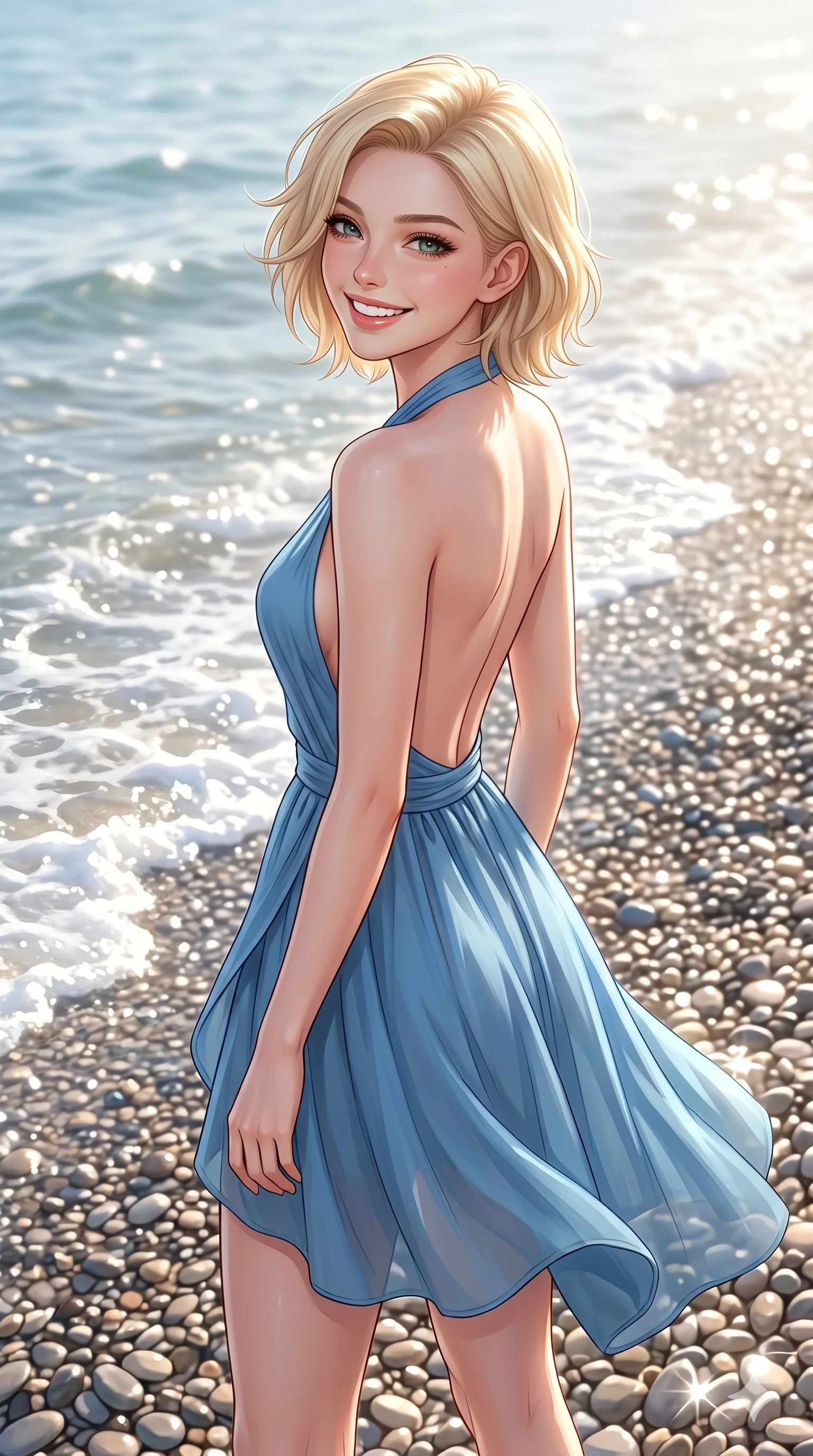 score_9, masterpiece, best quality, ultra-detailed, high-budget anime keyframe, editorial fashion photography, tasteful artistic composition, Caucasian woman, strictly human ears. cowboy shot from the thighs up, character and outfit filling the frame for maximum editorial presence. turning around with a happy, beaming smile, her eyes full of warmth walking on a pebble beach with small white waves washing ashore. She has an absolutely perfect 8-heads proportion, an exceptionally tall and slender female figure with impossibly long slender legs and an ultra-slim waist. V-shaped jawline, high-bridge nose, intricate jewel-like eyes with depth, thick eyelashes, glossy lips with a natural sheen. wearing a lightweight blue wrap dress with a graceful halter neck and bare back. bathed in brilliant morning sunshine reflecting off the wet pebbles and waves. 2k, ultra detail, master piece, 9:16 ratio