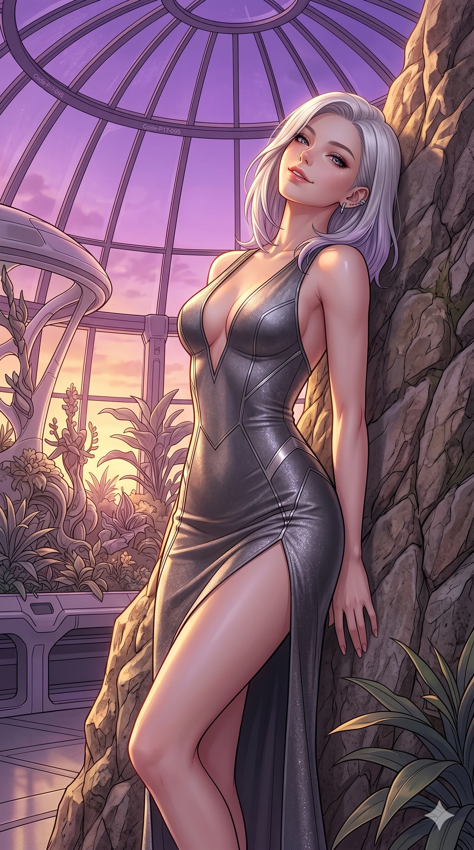 score_9, masterpiece, best quality, ultra-detailed, high-budget anime keyframe, editorial fashion photography, tasteful artistic composition, Caucasian woman, strictly human ears. cowboy shot from the thighs up, character and outfit filling the frame for maximum editorial presence. leaning back against the rock face, tilting her head back with a playful, teasing smile in a futuristic greenhouse under a purple glass dome (Code-P17-095). She has an absolutely perfect 8-heads proportion, an exceptionally tall and slender female figure with impossibly long slender legs and an ultra-slim waist. V-shaped jawline, high-bridge nose, intricate jewel-like eyes with depth, thick eyelashes, glossy lips with a natural sheen. wearing a bodycon dress with a plunging neck and a high slit skirt. bathed in warm golden hour sunset light, tracing the sleek contours of her athletic build. 2k, ultra detail, master piece, 9:16 ratio