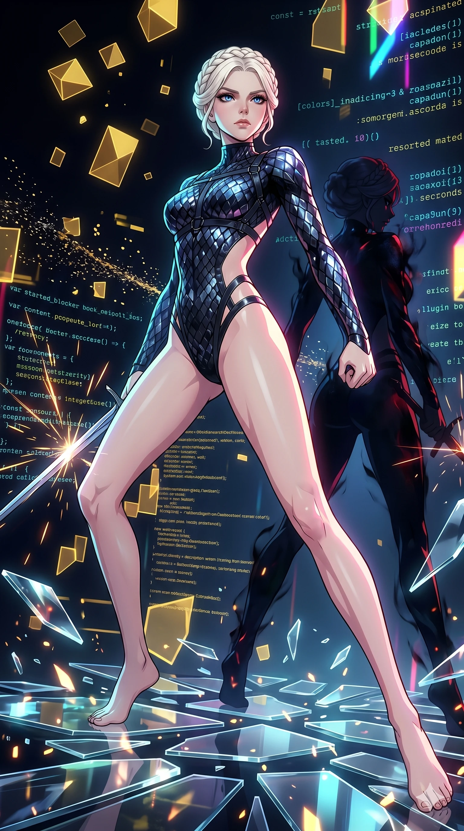 score_9, masterpiece, best quality, ultra-detailed, High-budget Anime Keyframe, vibrant colors, fluid line-art, expressive lighting, cinematic composition, Ufotable-style visual effects, top-tier animation quality, Caucasian woman with pale skin, blonde hair, and (strictly human ears). Dramatic low angle looking up at her majestic stature, dominating the vertical space of the composition. Engaging in a fierce duel with a shadowy mirror version of herself on a platform of floating glass shards. She has an absolutely perfect 8-heads proportion, an exceptionally tall and slender female figure with impossibly long slender legs and an ultra-slim waist, her statuesque height and towering silhouette dominating the vertical 9:16 frame. Her face is a masterpiece featuring a sharp v-shaped jawline, high-bridge nose, intricate jewel-like eyes with depth, thick eyelashes, and glossy lips with a natural sheen. She is wearing a Micro-bodysuit with a complex integrated harness system and high-cut leg lines crafted from Obsidian-glass scales that shimmer with a dark, crystalline brilliance, featuring strategic side cut-outs that emphasize her ultra-slim waist and hips. The scene is set in an abstract digital void with floating golden geometric shapes and rivers of flowing code, illuminated by harsh neon light and deep shadows creating a high-contrast noir aesthetic. 2k, ultra detail, master piece, 9:16 ratio