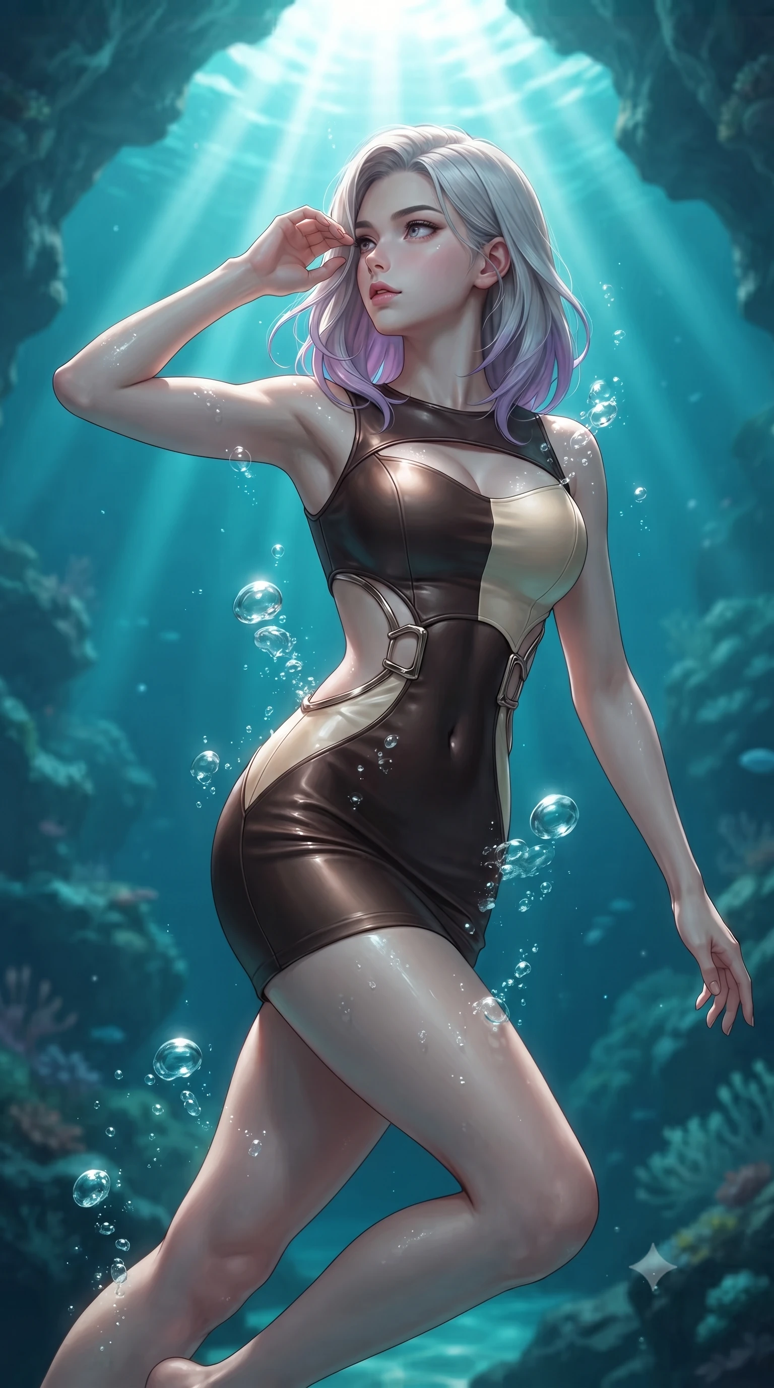 score_9, masterpiece, best quality, ultra-detailed, high-budget anime keyframe, editorial fashion photography, tasteful artistic composition, Caucasian woman. close-up cowboy shot from the waist and thighs up, the character dominates the composition, filling the frame with her large presence, background elements kept in soft focus. Resting her fingers gracefully near her temple, casting a sharp mysterious side-gaze during her stride while swimming gracefully upward toward sunbeams penetrating a deep turquoise water cavern, rising underwater bubbles casting pearl-white specular highlights on her skin. She has an exceptionally elegant, slender, and willowy female figure with an ultra-slim waist, a gracefully sculpted slender torso, and a refined silhouette. sharp v-shaped jawline, high-bridge nose, intricate jewel-like eyes with depth, thick eyelashes, glossy lips with a natural sheen, flawlessly proportioned anatomical accuracy, natural body alignment, perfectly sculpted elegant limbs, clean dynamic posture without body distortion. wearing a dramatic open-waist cutout mini dress framed by sculptural hardware in espresso brown and warm cream, formed from sleek second-skin neoprene, accented with a Tasteful chest slit framing her clavicle gracefully, the form-contouring material highlighting her ultra-slim waist and long lines. surrounded by a shimmering ocean aura with bright specular rim lights. ultra-reflective glossy finish, specular highlights, metallic sheen, high-contrast stereoscopic depth, volumetric dynamic lighting, 2k, ultra detail, master piece, 9:16 ratio