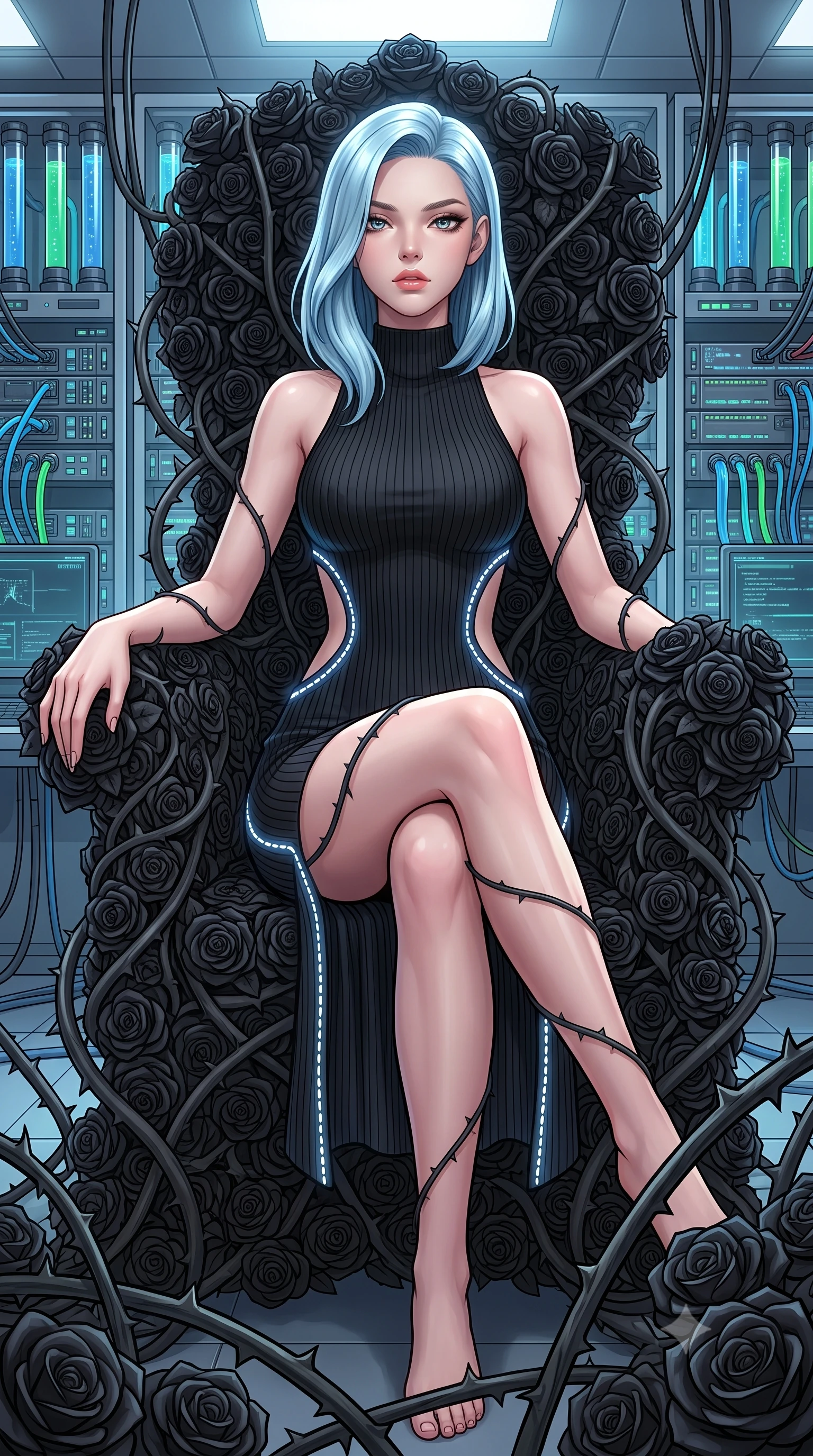 score_9, masterpiece, best quality, ultra-detailed, High-budget Anime Keyframe, East Asian woman. Low angle cowboy shot filling the entire 9:16 frame with her statuesque presence. Scenario 324: resting on a throne of black roses, thorns grazing her skin, in a high-tech laboratory with rows of water-cooled server racks. Her presence is magnetic and overpowering in this high-budget anime scene. Outfit 324: a body-hugging ribbed bodycon knit dangerous with a strategic side cut-outs and glowing LED seams. The clothing is designed to emphasize her exceptionally tall and slender 8-heads proportion. 8-heads proportion, towering silhouette, ultra-slim waist. sharp v-shaped jawline, intricate jewel-like eyes with depth, thick eyelashes, glossy lips. 2k, ultra detail, master piece, 9:16 ratio