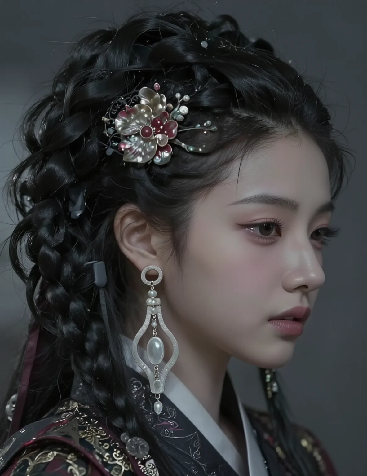A stunning Korean female K-pop idol with fair skin and long, slightly wavy black hair. She has sharp, captivating eyes and delicate facial features. She is wearing a modernized dark-toned hanbok with elegant patterns and subtle shine, with a traditional bow slung across her back. The scene has a cinematic atmosphere with soft, moody lighting.