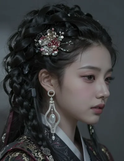 A stunning Korean female K-pop idol with fair skin and long, slightly wavy black hair. She has sharp, captivating eyes and delicate facial features. She is wearing a modernized dark-toned hanbok with elegant patterns and subtle shine, with a traditio