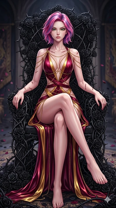 score_9, masterpiece, best quality, ultra-detailed, High-budget Anime Keyframe, East Asian woman. Dynamic full-body shot stretching the vertical silhouette to the limit. Scenario 80: Resting on a throne of black roses, thorns grazing her skin. Her pr