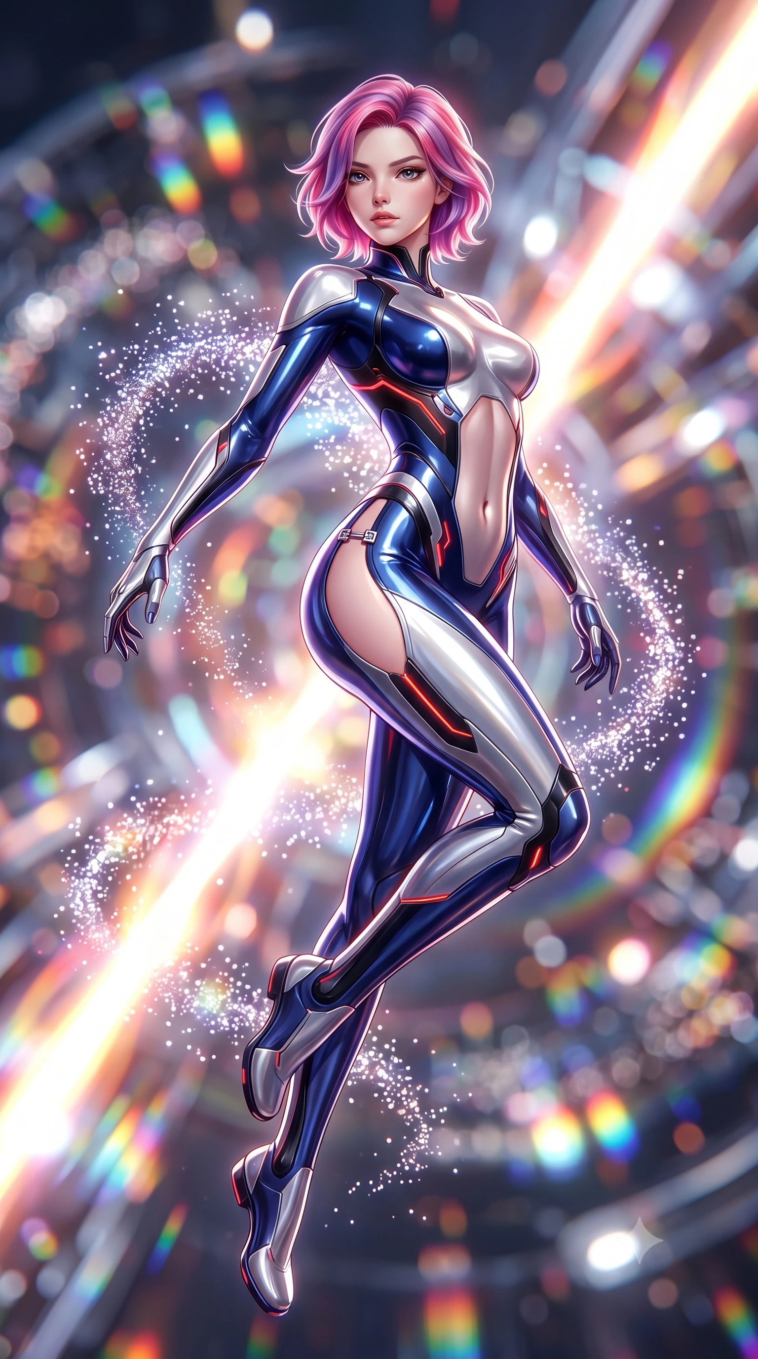 score_9, masterpiece, best quality, ultra-detailed, high-budget anime keyframe, semi-realistic 3D game render, editorial fashion photography, tasteful artistic composition, Caucasian woman. low angle full-body shot from head to toe showing her feet, filling the entire 9:16 vertical frame with her statuesque presence, stretching her vertical silhouette. pivoting dynamically in mid-motion with a breathtakingly alluring posture, displaying her flawless model proportions, toned flat midriff, and ultra-slim waist while pivoting dynamically in mid-air as cascades of shimmering antimatter particles wrap around her slender figure like a radiant halo. The composition keeps background elements in soft focus with creamy bokeh. blazing warp core energy beams and swirling particle clouds blurred into dazzling rainbow and white-hot bokeh. She has an absolutely perfect, statuesque 8.5-heads proportion, an exceptionally tall and slender model-like female figure with impossibly long slender legs, a toned flat midriff, and an ultra-slim waist. sharp v-shaped jawline, high-bridge nose, intricate jewel-like eyes with depth, thick eyelashes, glossy lips with a natural sheen, flawlessly proportioned anatomical accuracy, strict slender model proportions, natural body alignment, perfectly sculpted long slender limbs, ultra-slim waistline, clean dynamic posture without body distortion. wearing a statuesque midnight cobalt and polished platinum bodysuit featuring sleek aerodynamic contour lines and glowing circuit accents in high-gloss obsidian black and burning laser crimson accents, crafted from ultra-reflective second-skin liquid metal with a mirror-like polish, finished with an ultra-high side slit secured by miniature magnetic clasps, the liquid-tight tailored fabric emphasizing every curve of her tall, slender model proportions and sculptured silhouette during dynamic movement. surrounded by an awe-inspiring, divine, and radiantly transcendent machine-muse sovereignty aura. rich saturated anime colors with glowing neon highlights, detailed shading with soft gradients, rich glossy textures, high-contrast stereoscopic depth, volumetric dynamic lighting, master piece, 9:16 ratio