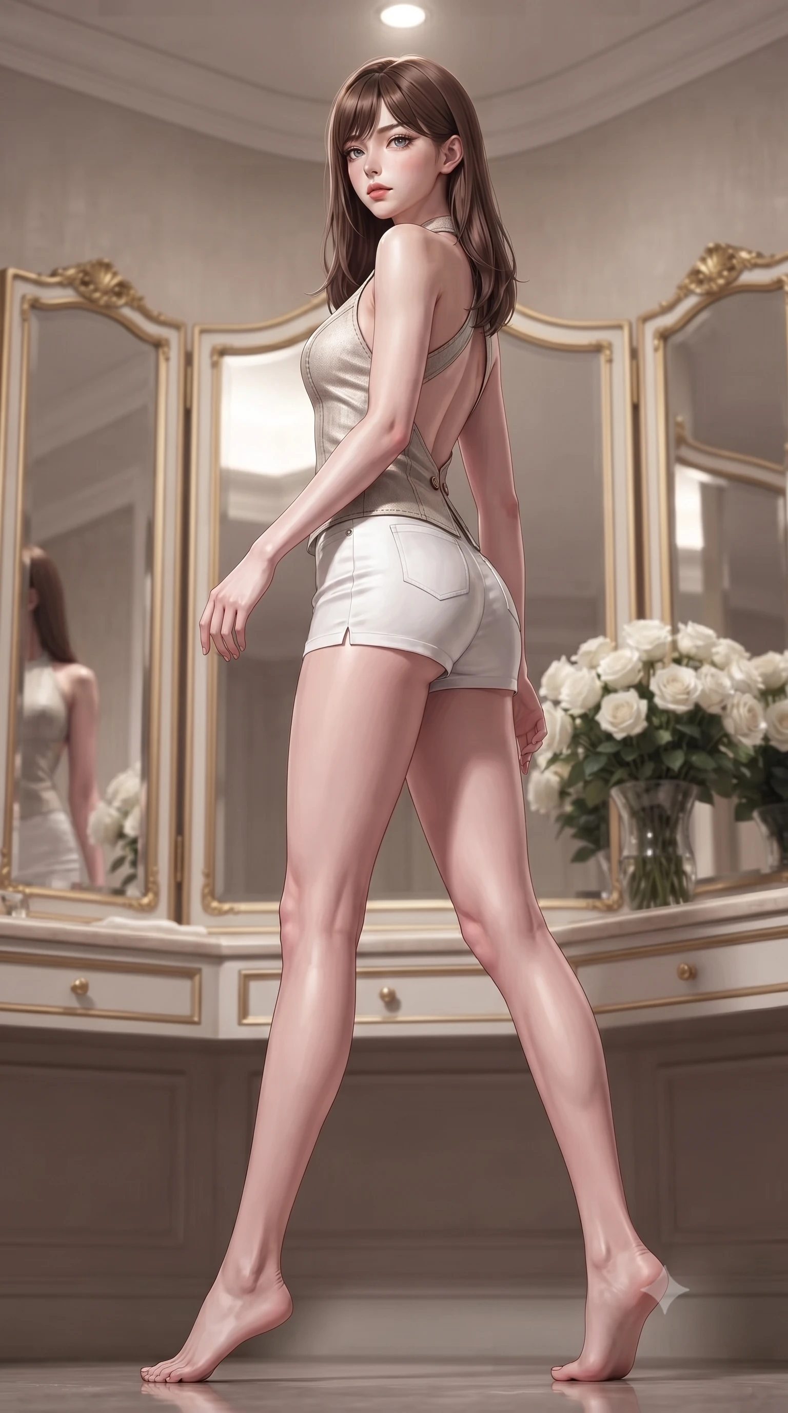 score_9, masterpiece, best quality, ultra-detailed, high-budget anime keyframe, editorial fashion photography, tasteful artistic composition, Korean woman woman. low angle full-body shot from head to toe showing her feet, filling the entire 9:16 vertical frame with her statuesque presence, stretching her vertical silhouette. stepping gracefully while looking back over her shoulder, her dress draped tightly to reveal her silhouette the background shows a soft-focus a corner of a luxury hotel suite with gold-trimmed mirrors and white roses. She has an absolutely perfect, statuesque 8.5-heads proportion, an exceptionally tall and slender model-like female figure with impossibly long slender legs and an ultra-slim waist. sharp v-shaped jawline, high-bridge nose, intricate jewel-like eyes with depth, thick eyelashes, glossy lips with a natural sheen. wearing a slim-fit stylish linen halter top with an open-back design, paired with white micro-shorts. soft spotlighting highlighting the silk textures of her gown. ultra-reflective glossy finish, specular highlights, metallic sheen, high-contrast stereoscopic depth, volumetric dynamic lighting, 2k, ultra detail, master piece, 9:16 ratio
