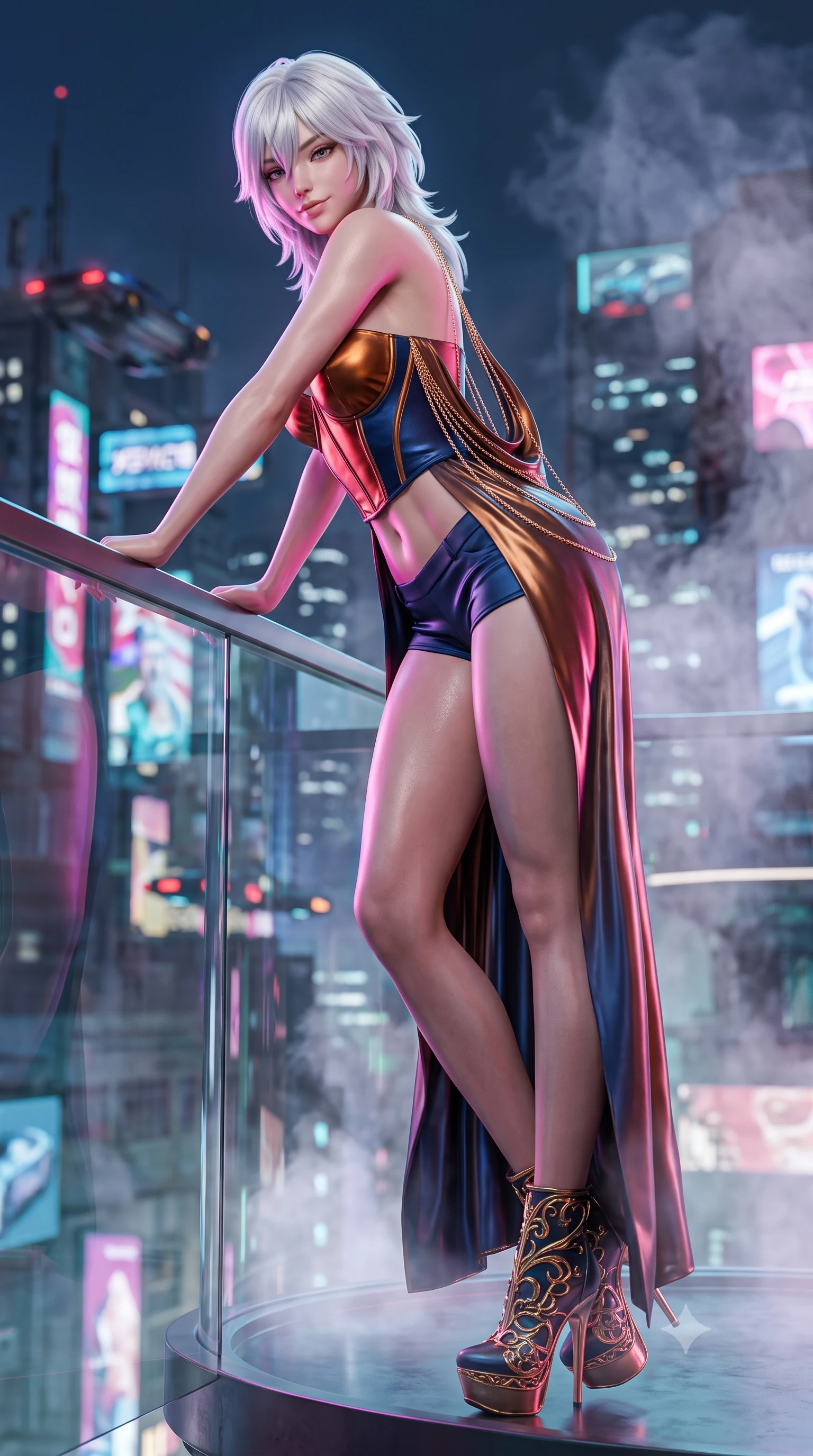 score_9, masterpiece, best quality, ultra-detailed, high-budget anime keyframe, semi-realistic 3D game render, editorial fashion photography, tasteful artistic composition, Japanese woman. low angle full-body shot from head to toe showing her feet, filling the entire 9:16 vertical frame with her statuesque presence, stretching her vertical silhouette. leaning deep against the balcony balustrade with hips cocked back in an unapologetically alluring high-fashion stance, casting an intoxicating glance while standing tall inside the transparent glass spa capsule jutting out over the crossing, arching her spine with futuristic siren poise. The background shows a soft-focus rising thermal water vapor softened in cinematic cyberpunk luxury shallow focus. She has an absolutely perfect, statuesque 8.5-heads proportion, an exceptionally tall and slender model-like female figure with impossibly long slender legs, an ultra-slim waist, a flat toned midriff, narrow delicate ribcage, and beautifully sculpted feminine hips creating a graceful, slim hourglass silhouette without any bulky heaviness. sharp v-shaped jawline, high-bridge nose, sparkling eyes with hypnotic seductive depth, thick curled eyelashes, glossy parted lips with a natural dewy peach sheen, alluring bedroom-eyes with an enchanting coquettish smile, exuding magnetic siren charisma and sophisticated glamour, flawlessly proportioned anatomical accuracy, strict slender model proportions, natural body alignment, perfectly sculpted long slender limbs, ultra-slim waistline, clean dynamic posture without body distortion. wearing a strapless boned satin corset bodice paired with low-waisted tailored satin hot-pants in molten liquid bronze and deep sapphire navy, crafted from fluid liquid silk satin that clings smoothly to every curve with a dewy sheen, accented with an open-back drape framed by falling strands of delicate gold chains, the second-skin tailored fabric adhering flawlessly to her sculpted flat midriff and slender torso, emphasizing her long leg lines and perfectly proportioned willowy build. illuminated by thermal water reflection bounce and sharp electric-pink rim lights sculpting her jawline, flat midriff, and curvy hips. highly saturated vibrant anime colors, detailed shading with soft gradients, rich glossy textures, high-contrast stereoscopic depth, volumetric dynamic lighting, master piece, 9:16 ratio