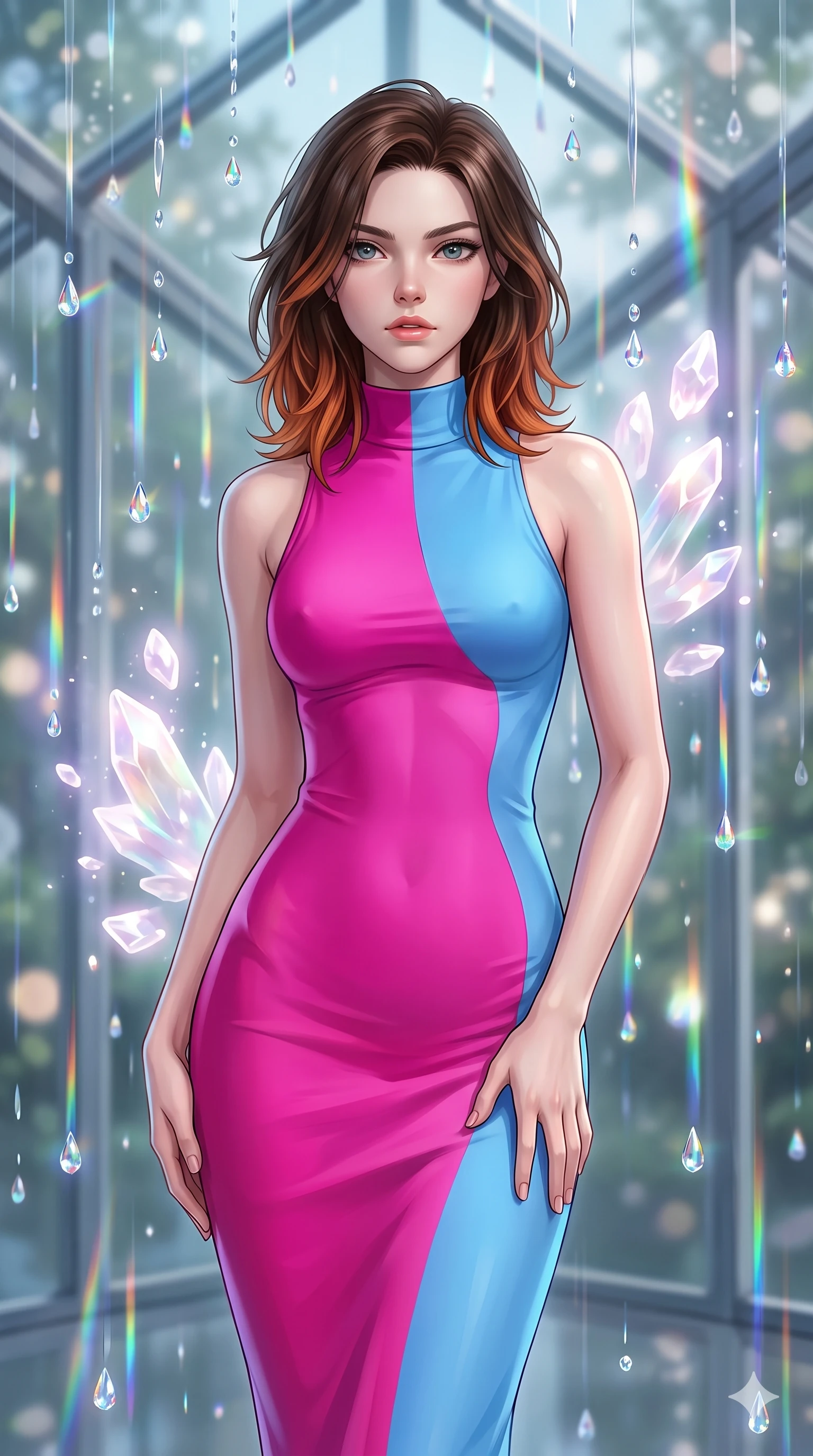 score_9, masterpiece, best quality, ultra-detailed, high-budget anime keyframe, editorial fashion photography, tasteful artistic composition, Korean woman. close-up cowboy shot from the waist and thighs up, the character dominates the composition, filling the frame with her large presence, background elements kept in soft focus. Looking directly at the camera with a bold fearless expression and parted lips. set against a soft-focus background of a glass pavilion where crystallized rainbow rain falls in extreme slow motion each droplet a tiny perfect prism refracting light into individual spectral beams as it descends through the still air. She has an exceptionally elegant and slender, willowy female figure with an ultra-slim waist, a gracefully sculpted slender torso, and a refined slim physique. sharp v-shaped jawline, high-bridge nose, intricate jewel-like eyes with depth, thick eyelashes, glossy lips with a natural sheen. wearing a high-neck bodycon midi dress in a vibrant dual-tone of fuchsia and sky blue, sculpting her slender dancer frame with modern simplicity. ethereal pearlescent light emanating from floating crystalline formations all around. 2k, ultra detail, master piece, 9:16 ratio
