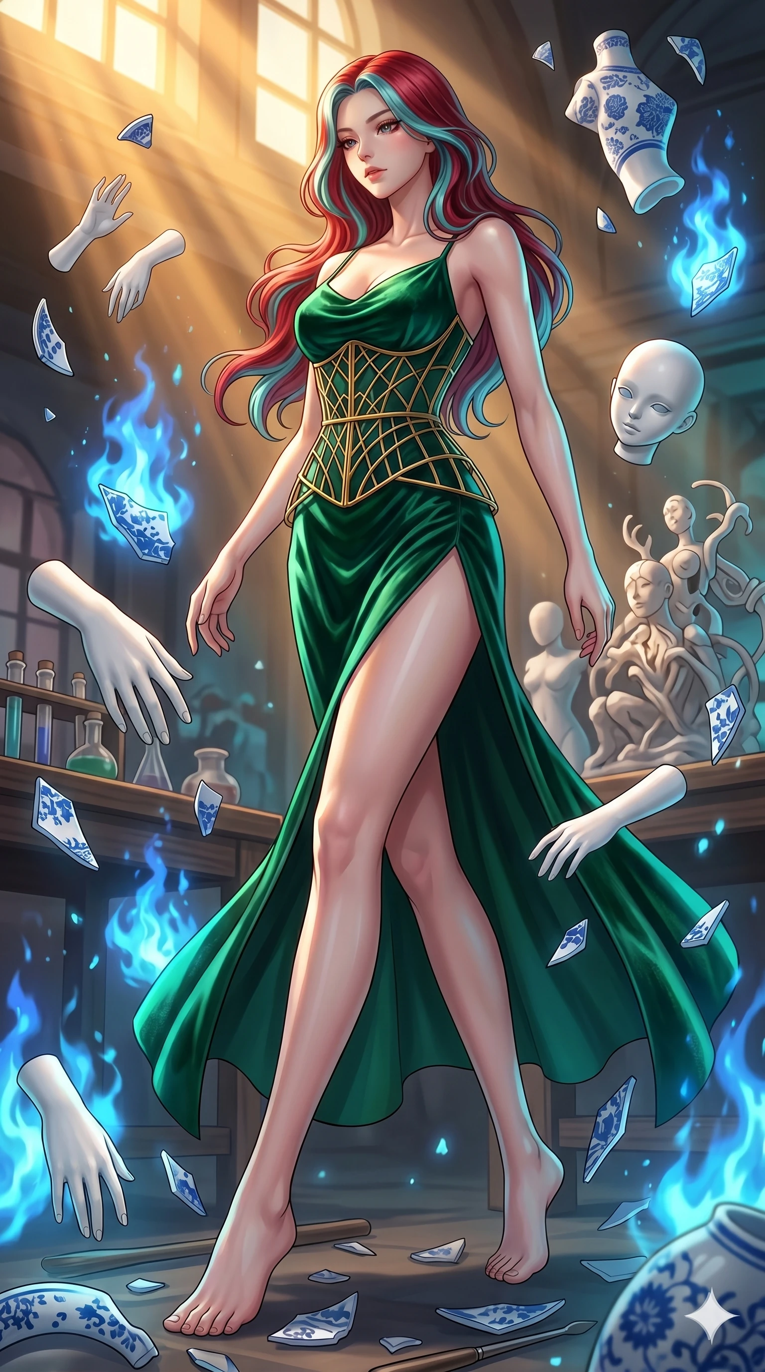 score_9, masterpiece, best quality, ultra-detailed, high-budget anime keyframe, Japanese woman. low angle full-body shot filling the entire 9:16 frame with her statuesque presence, stretching the vertical silhouette. assisting in an alchemical porcelain workshop where floating white bisque doll parts and blue porcelain shards swirl amidst blue alchemical flames. She has an absolutely perfect 8-heads proportion, an exceptionally tall and slender female figure with impossibly long slender legs and an ultra-slim waist. V-shaped jawline, high-bridge nose, intricate jewel-like eyes with depth, thick eyelashes, glossy lips with a natural sheen.. wearing a mathematical gold wire cage corset and an emerald green silk velvet slip dress with a thigh-high side slit. showcasing a beautiful play of light and shadow, with warm golden rays clashing against cool cyan highlights. 2k, ultra detail, master piece, 9:16 ratio