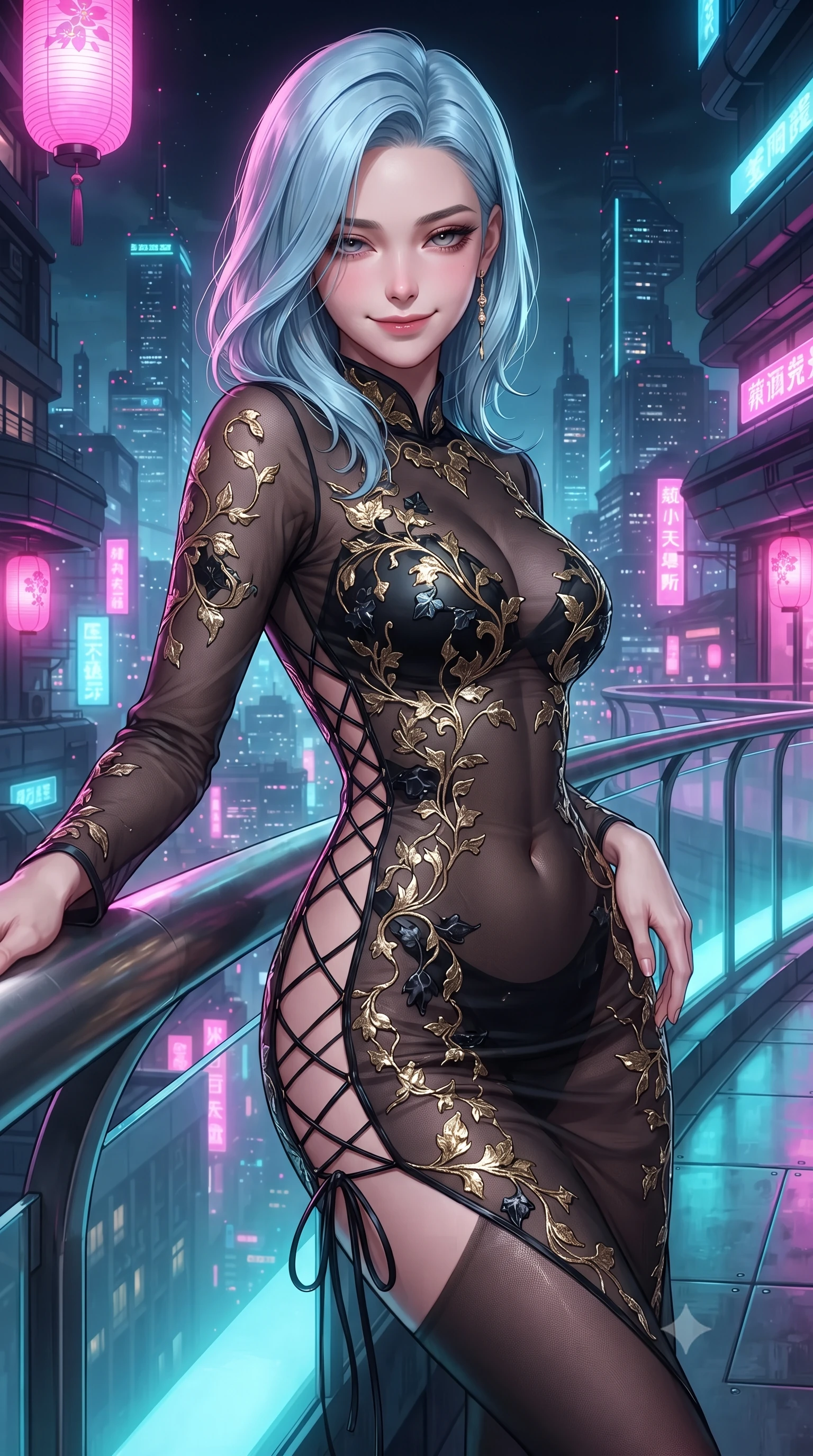 score_9, masterpiece, best quality, ultra-detailed, high-budget anime keyframe, editorial fashion photography, tasteful artistic composition, Korean woman. close-up cowboy shot from the waist and thighs up, the character dominates the composition, filling the frame with her large presence. tilting her head with a teasing half-smile, running one hand slowly down the side of her hip in a flirtatious S-curve as ambient light caresses her silhouette while leaning against the curved panoramic titanium balustrade with hips cocked back, looking out over the neon-drenched spires of Neo-Tokyo with heavy-lidded smoldering bedroom-eyes. The surrounding environment is rendered in vivid detail and crisp panoramic clarity: detailed garment seam lines, metallic cyber-trim, and advanced aerospace architecture in razor-sharp precision. She has an exceptionally elegant, slender, and willowy female figure with an ultra-slim waist, flat toned midriff, narrow ribcage, and sculpted feminine hips creating an alluring, slim hourglass silhouette without bulk. sharp v-shaped jawline, high-bridge nose, intricate jewel-like sparkling eyes with depth, thick eyelashes, glossy parted lips with a natural peach sheen, bright cheerful beaming smile with an enchanting and coquettish sensual glint, exuding both youthful cute charm and seductive allure, flawlessly proportioned anatomical accuracy, strict slender model proportions, natural body alignment, perfectly sculpted long slender limbs, ultra-slim waistline, clean dynamic posture without body distortion. wearing a provocative sheer noir illusion mesh cocktail dress with embroidered climbing metallic ivy contouring her curves in singularity accretion gold and deep space void black, woven from buttery-soft stretch lambskin leather adhering to her body like a second skin, featuring fine criss-cross lace-up side ties revealing tantalizing glimpses of her hip curve, the form-contouring silhouette accentuating her sculpted flat midriff, narrow delicate ribcage, and gracefully curvy hips with intoxicating allure. bathed in the ethereal glow of neon magenta sakura lanterns combined with cool electric-cyan floor up-lights. ultra-reflective glossy finish, specular highlights, rich textural contrasts, high-contrast stereoscopic depth, volumetric dynamic lighting, 2k, ultra detail, master piece, 9:16 ratio