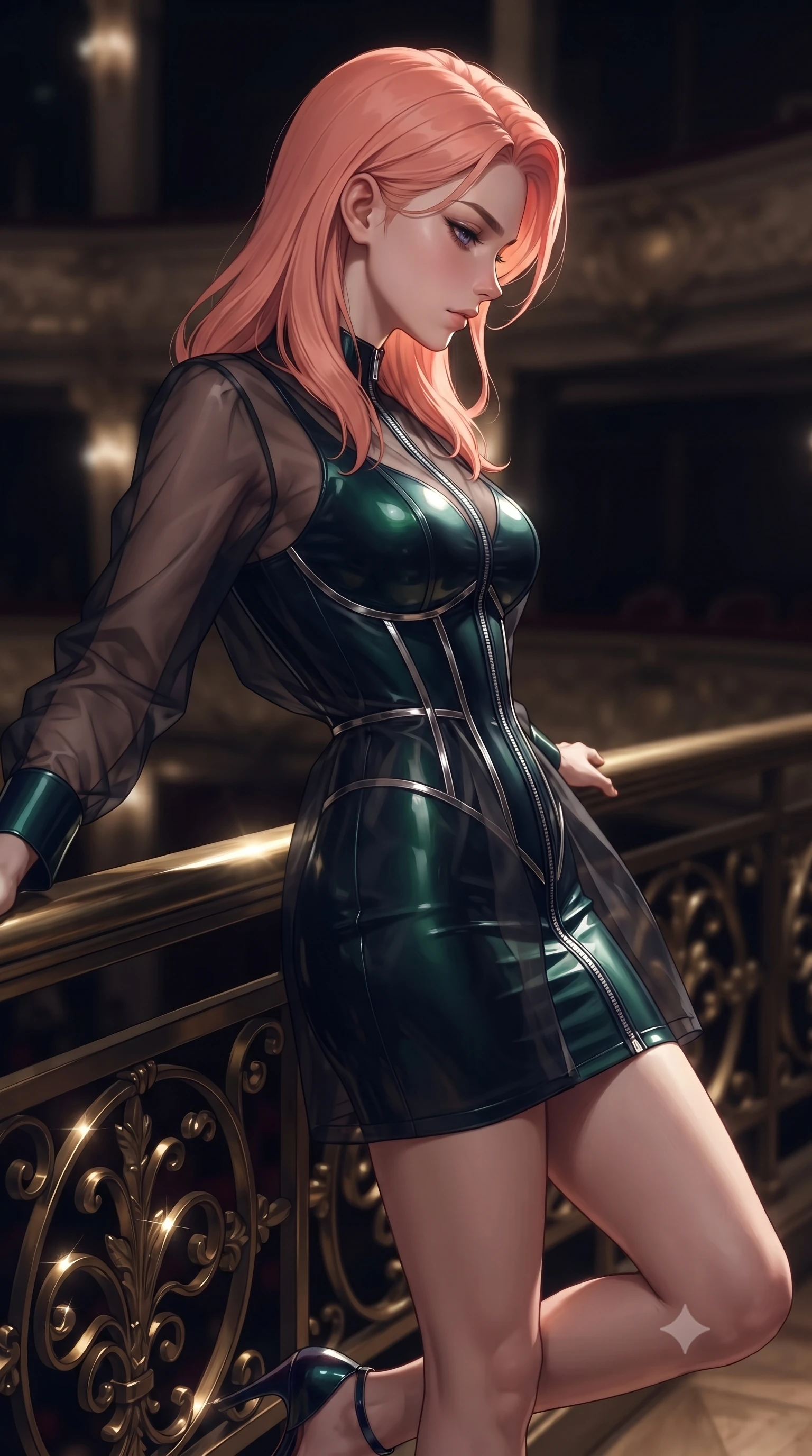 score_9, masterpiece, best quality, ultra-detailed, high-budget anime keyframe, editorial fashion photography, tasteful artistic composition, Japanese woman. close-up cowboy shot from the waist and thighs up, the character dominates the composition, filling the frame with her large presence, background elements kept in soft focus. Turning her face in sharp dramatic profile against the moody key light, looking down with composed elegance from a dark baroque opera balcony, dark gold filigree on balcony railings glinting under sharp specular highlights. She has an exceptionally elegant, slender, and willowy female figure with an ultra-slim waist, a gracefully sculpted slender torso, and a refined silhouette. sharp v-shaped jawline, high-bridge nose, intricate jewel-like eyes with depth, thick eyelashes, glossy lips with a natural sheen. wearing glove-like fit dark navy latex bodycon mini dress in deep emerald green, made of sheer dark organza overlay, finished with metallic silver boning and sleek zipper points, sculpting her athletic slender build with refined precision. illuminated by a single brilliant theatrical key light emerging from dark opera shadows. ultra-reflective glossy finish, specular highlights, metallic sheen, high-contrast stereoscopic depth, volumetric dynamic lighting, 2k, ultra detail, master piece, 9:16 ratio