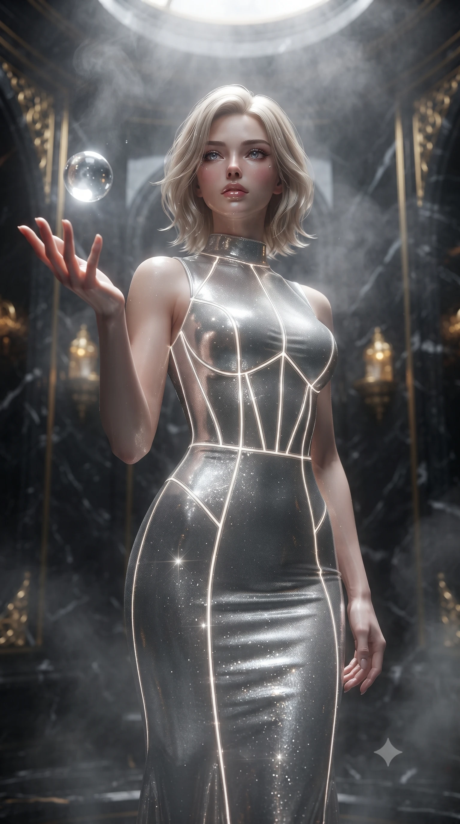 score_9, masterpiece, best quality, ultra-detailed, High-budget Anime Keyframe, editorial fashion photography, tasteful artistic composition, realistic cosplay photography, Caucasian woman, strictly human ears. Low angle cowboy shot filling the entire 9:16 frame with her statuesque presence. Scenario 473: reaching out to catch a floating sphere of liquid light in a steam-filled bathhouse built of black obsidian stone and gold accents. Her presence is magnetic and overpowering in this high-budget cinematic scene. Outfit 473: a tailored liquid silver shimmering chiffon corset dress featuring a refined mock-neck collar and glowing LED seams. The clothing is designed to emphasize her exceptionally tall and slender 8-heads proportion. 8-heads proportion, towering silhouette, ultra-slim waist. sharp v-shaped jawline, intricate jewel-like eyes with depth, thick eyelashes, glossy lips. ultra-reflective glossy finish, specular highlights, metallic sheen, high-contrast stereoscopic depth, volumetric dynamic lighting, 2k, ultra detail, master piece, 9:16 ratio