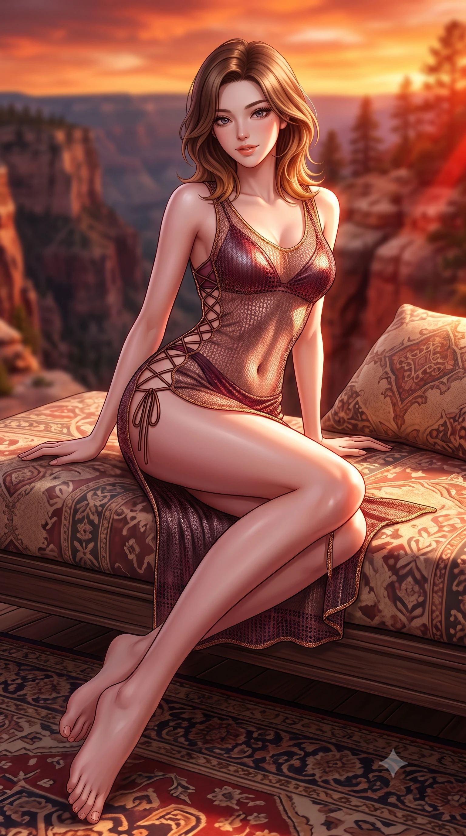 score_9, masterpiece, best quality, ultra-detailed, high-budget anime keyframe, semi-realistic 3D game render, editorial fashion photography, tasteful artistic composition, Korean woman. low angle full-body shot from head to toe showing her feet, filling the entire 9:16 vertical frame with her statuesque presence, stretching her vertical silhouette. lounging on the lavish daybed with legs crossed and hips angled toward the camera, displaying her toned midriff and long slender limbs with effortless siren poise while twisting her slender torso in an alluring S-curve, crimson vortex sunset light carving sharp highlights across her flat midriff and hips. The background shows a soft-focus deep canyon crevices, pine-dotted plateaus, and molten orange sunset sky blurred into crimson, copper, and fiery gold bokeh. She has an absolutely perfect, statuesque 8.5-heads proportion, an exceptionally tall and slender model-like female figure with impossibly long slender legs, an ultra-slim waist, a flat toned midriff, narrow delicate ribcage, and beautifully sculpted feminine hips creating a graceful, slim hourglass silhouette without any bulky heaviness. sharp v-shaped jawline, high-bridge nose, sparkling eyes with hypnotic seductive depth, thick curled eyelashes, glossy parted lips with a natural dewy peach sheen, alluring bedroom-eyes with an enchanting coquettish smile, exuding magnetic siren charisma and sophisticated glamour, flawlessly proportioned anatomical accuracy, strict slender model proportions, natural body alignment, perfectly sculpted long slender limbs, ultra-slim waistline, clean dynamic posture without body distortion. wearing a delicate semi-sheer crochet knit beach slip dress worn over a metallic micro-bralette and ruched bikini briefs in smoky bordeaux wine and gilded copper, made of semi-opaque stretch illusion mesh with soft shadowy contours, featuring fine criss-cross lace-up side ties revealing tantalizing glimpses of her hip curve, the form-contouring silhouette accentuating her sculpted flat midriff, narrow delicate ribcage, and gracefully curvy hips with intoxicating allure. bathed in intense crimson-and-gold sunset illumination bouncing directly off the canyon rock walls. highly saturated vibrant anime colors, detailed shading with soft gradients, rich glossy textures, high-contrast stereoscopic depth, volumetric dynamic lighting, master piece, 9:16 ratio