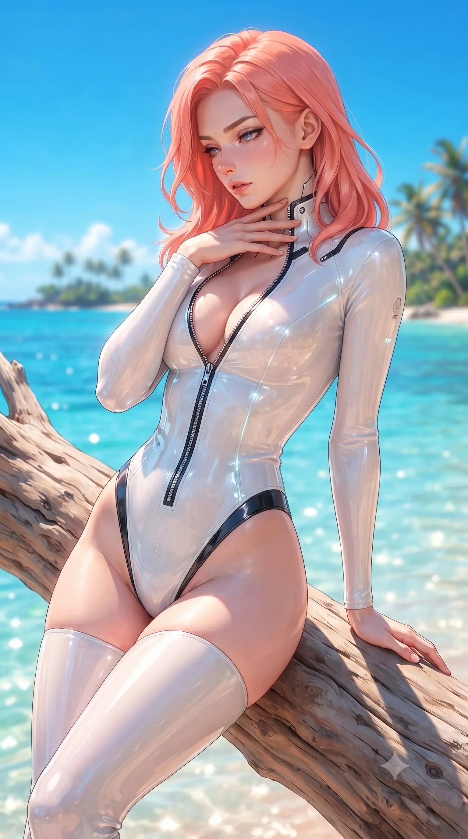 score_9, masterpiece, best quality, ultra-detailed, high-budget anime keyframe, editorial fashion photography, tasteful artistic composition, Japanese woman. close-up cowboy shot from the waist and thighs up, the character dominates the composition, filling the frame with her large presence. resting her fingers lightly against her throat while looking down with a smoldering, haughty yet intensely captivating glance while arching her back gracefully on a sun-warmed driftwood branch with the sparkling coral sea stretching behind. The composition keeps background elements in soft focus with creamy bokeh. distant palm-lined islands and vibrant blue sky softened by shallow atmospheric focus. She has an exceptionally elegant, slender, and willowy female figure with an ultra-slim waist, a gracefully sculpted slender torso, toned flat midriff, and a refined slim silhouette. sharp v-shaped jawline, high-bridge nose, intricate jewel-like eyes with depth, thick eyelashes, glossy lips with a natural sheen, flawlessly proportioned anatomical accuracy, strict slender model proportions, natural body alignment, perfectly sculpted long slender limbs, ultra-slim waistline, clean dynamic posture without body distortion. wearing a glossy white second-skin latex bodysuit with high-thigh cuts, exposed clavicle neckline, and gleaming zipper details in high-gloss monochrome white and sharp black contrast, tailored from semi-translucent cybernetic vinyl with glowing micro-filaments, featuring a dangerously unzipped neckline framed by glowing cybernetic accents, the form-contouring material adhering flawlessly to her sculpted flat midriff and slender torso, emphasizing her long leg lines and perfectly proportioned willowy build. surrounded by a fresh, sun-soaked, and breathtakingly sensual tropical paradise ambiance. ultra-reflective glossy finish, specular highlights, metallic sheen, high-contrast stereoscopic depth, volumetric dynamic lighting, 2k, ultra detail, master piece, 9:16 ratio