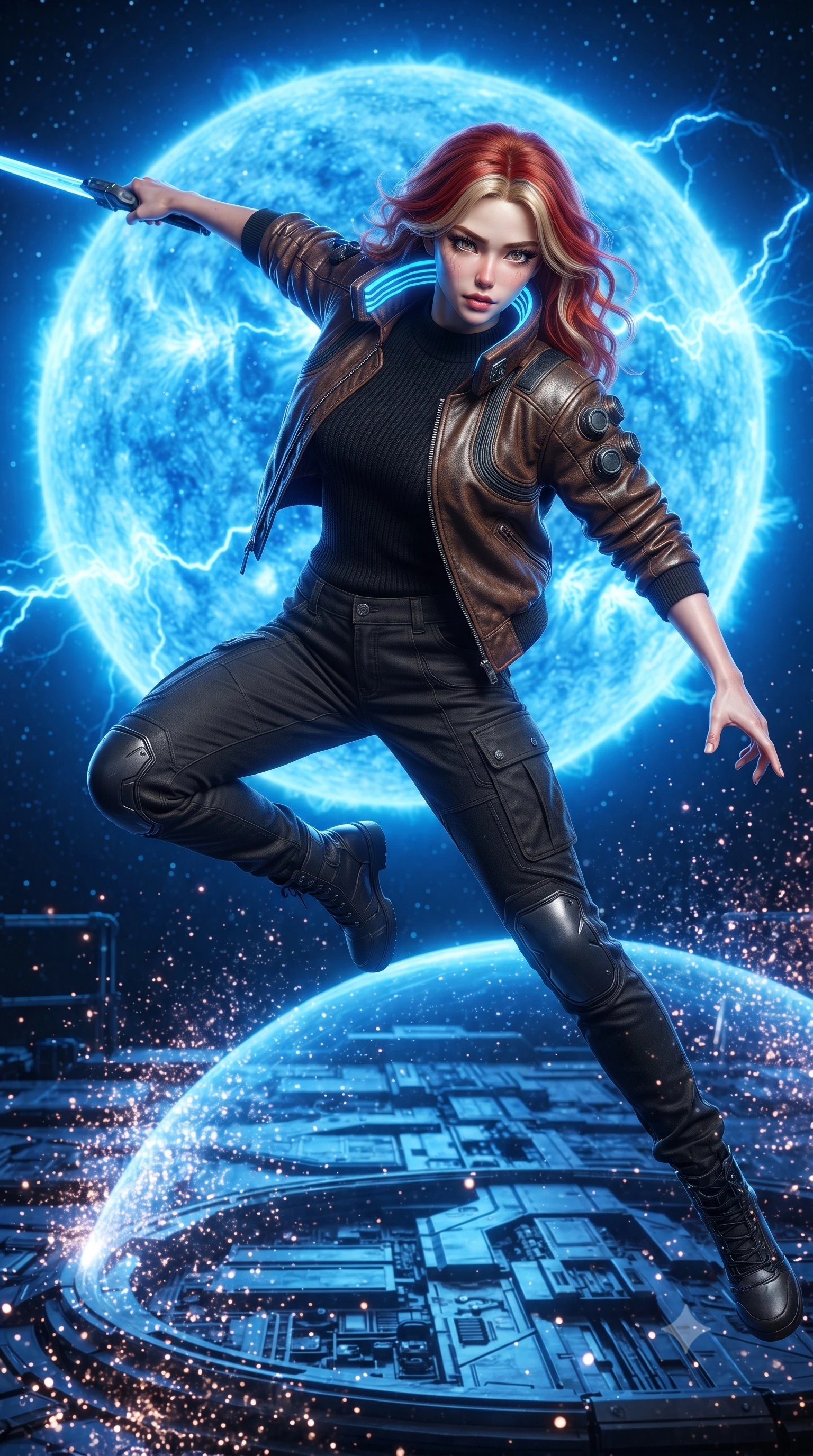 score_9, masterpiece, best quality, ultra-detailed, high-budget anime keyframe, editorial fashion photography, tasteful artistic composition, realistic cosplay photography, Caucasian woman, strictly human ears. low angle full-body shot from head to toe showing her feet, filling the entire 9:16 vertical frame with her statuesque presence, stretching her vertical silhouette. leaping aggressively down onto an enemy platform with her energy blade drawn to strike within a defensive platform close to a blue supergiant star, solar wind particles glowing as they hit the shield dome. She has a statuesque 8.5-heads proportion, an exceptionally tall, slender and willowy model-like build with impossibly long legs and a highly sculpted ultra-slim waist. sharp v-shaped jawline, high-bridge nose, intricate jewel-like eyes with depth, thick eyelashes, glossy lips with a natural sheen. wearing tailored for maximum mobility, sleek form-contouring panels that allow fluid movement, a form-contouring high-collar space-pilot bomber jacket in distressed brown leather with neon blue collar lining, over a black ribbed sweater and cargo pants. intense electric blue light from the star corona casting sharp highlights. ultra-reflective glossy finish, specular highlights, metallic sheen, high-contrast stereoscopic depth, volumetric dynamic lighting, 2k, ultra detail, master piece, 9:16 ratio