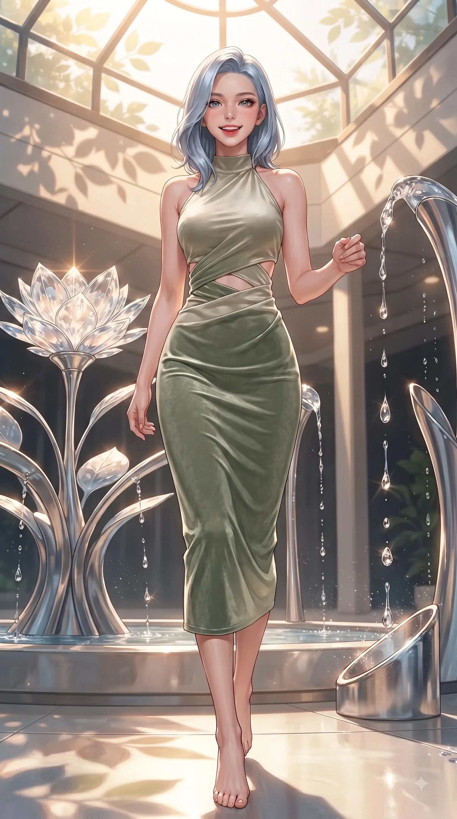score_9, masterpiece, best quality, ultra-detailed, high-budget anime keyframe, editorial fashion photography, tasteful artistic composition, Korean woman. low angle full-body shot from head to toe showing her feet, filling the entire 9:16 vertical frame with her statuesque presence, stretching her vertical silhouette. forging dynamically through the scene with a happy infectious smile, her ultra-slim waist creating a sweeping curve while resting cheerfully near a solar-powered crystal flower as warm sunlight streams through glass, translucent water droplets cascading down platinum fountains with sparkling luster. She has an absolutely perfect, statuesque 8.5-heads proportion, an exceptionally tall and slender model-like female figure with impossibly long slender legs and an ultra-slim waist. sharp v-shaped jawline, high-bridge nose, intricate jewel-like eyes with depth, thick eyelashes, glossy lips with a natural sheen, flawlessly proportioned anatomical accuracy, natural body alignment, perfectly sculpted elegant limbs, clean dynamic posture without body distortion. wearing a velvet halter-neck midi dress following her form like a glove in sage green and oatmeal, crafted from lustrous satin jersey with fluid draping, featuring subtle geometric cutouts that highlight her ultra-slim midriff, the sleek second-skin texture accentuating her magnetic presence. illuminated by brilliant sunbeams casting cheerful organic leaf stencil shadows. ultra-reflective glossy finish, specular highlights, metallic sheen, high-contrast stereoscopic depth, volumetric dynamic lighting, 2k, ultra detail, master piece, 9:16 ratio