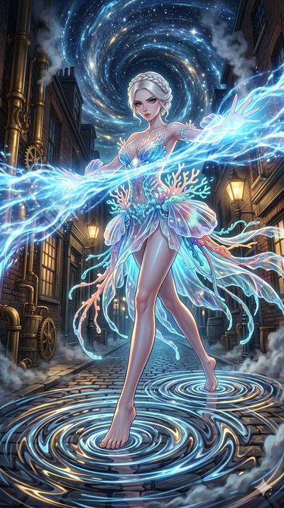 score_9, masterpiece, best quality, ultra-detailed, Set A: High-budget Anime Keyframe, Korean woman. Low angle cowboy shot filling the entire 9:16 frame with her statuesque presence. Theme: Primal Nature. unleashing a massive energy wave in a steampu