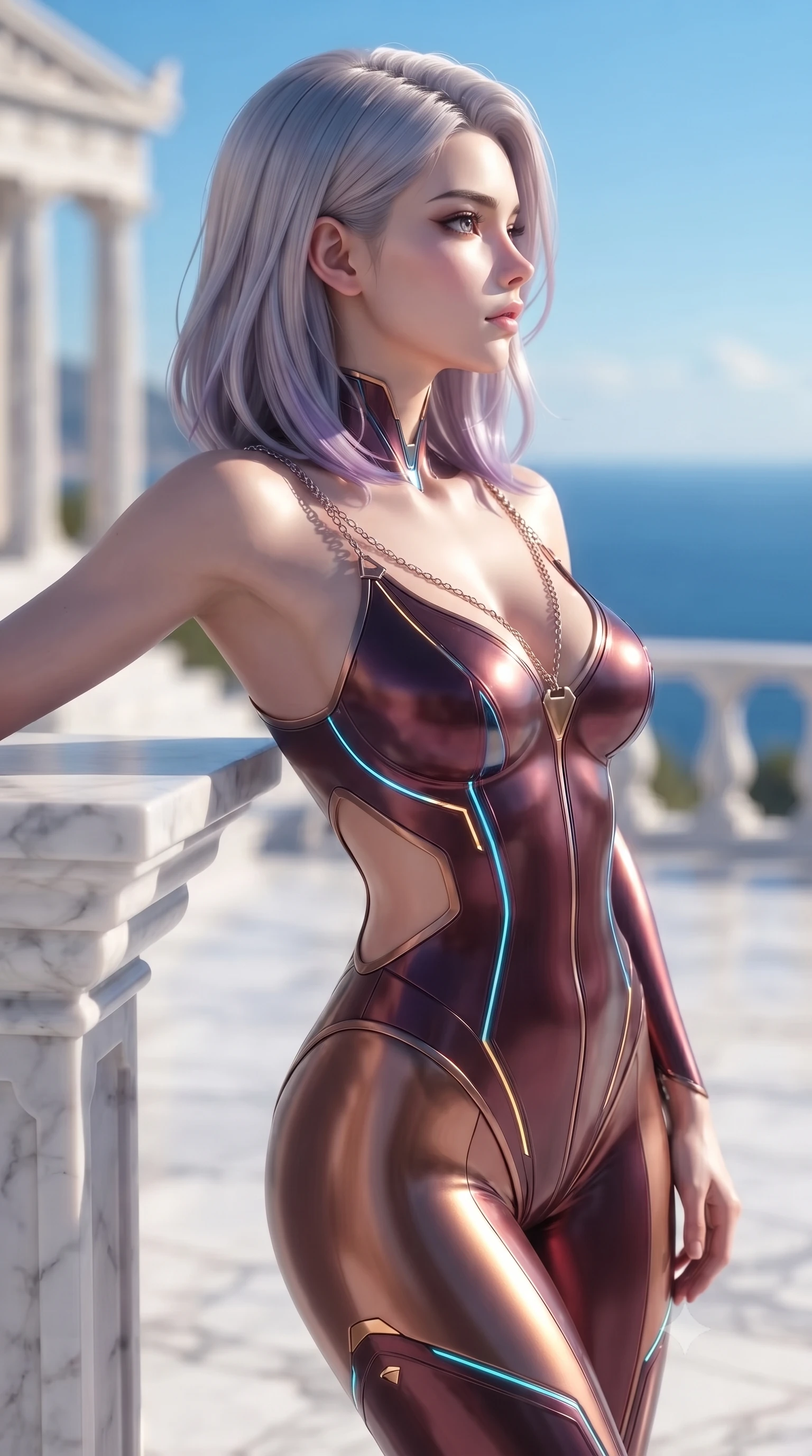 score_9, masterpiece, best quality, ultra-detailed, high-budget anime keyframe, editorial fashion photography, tasteful artistic composition, Caucasian woman. close-up cowboy shot from the waist and thighs up, the character dominates the composition, filling the frame with her large presence, background elements kept in soft focus. Turning her face in sharp dramatic profile against the bright light, showcasing her sharp v-shaped jawline resting against a sculpted white marble pedestal under a clear blue sky, intense Mediterranean sun beams illuminating polished white marble surfaces. She has an exceptionally elegant, slender, and willowy female figure with an ultra-slim waist, a gracefully sculpted slender torso, and a refined silhouette. sharp v-shaped jawline, high-bridge nose, intricate jewel-like eyes with depth, thick eyelashes, glossy lips with a natural sheen. wearing a skin-tight cybernetic bodysuit with glowing neon seams and side cutouts in deep burgundy and bronze, crafted from smooth liquid silk, adorned with delicate metallic chain straps along the neckline, the form-contouring material highlighting her ultra-slim waist and long lines. bathed in brilliant golden sunbeams and crisp sky blue ambient light. ultra-reflective glossy finish, specular highlights, metallic sheen, high-contrast stereoscopic depth, volumetric dynamic lighting, 2k, ultra detail, master piece, 9:16 ratio