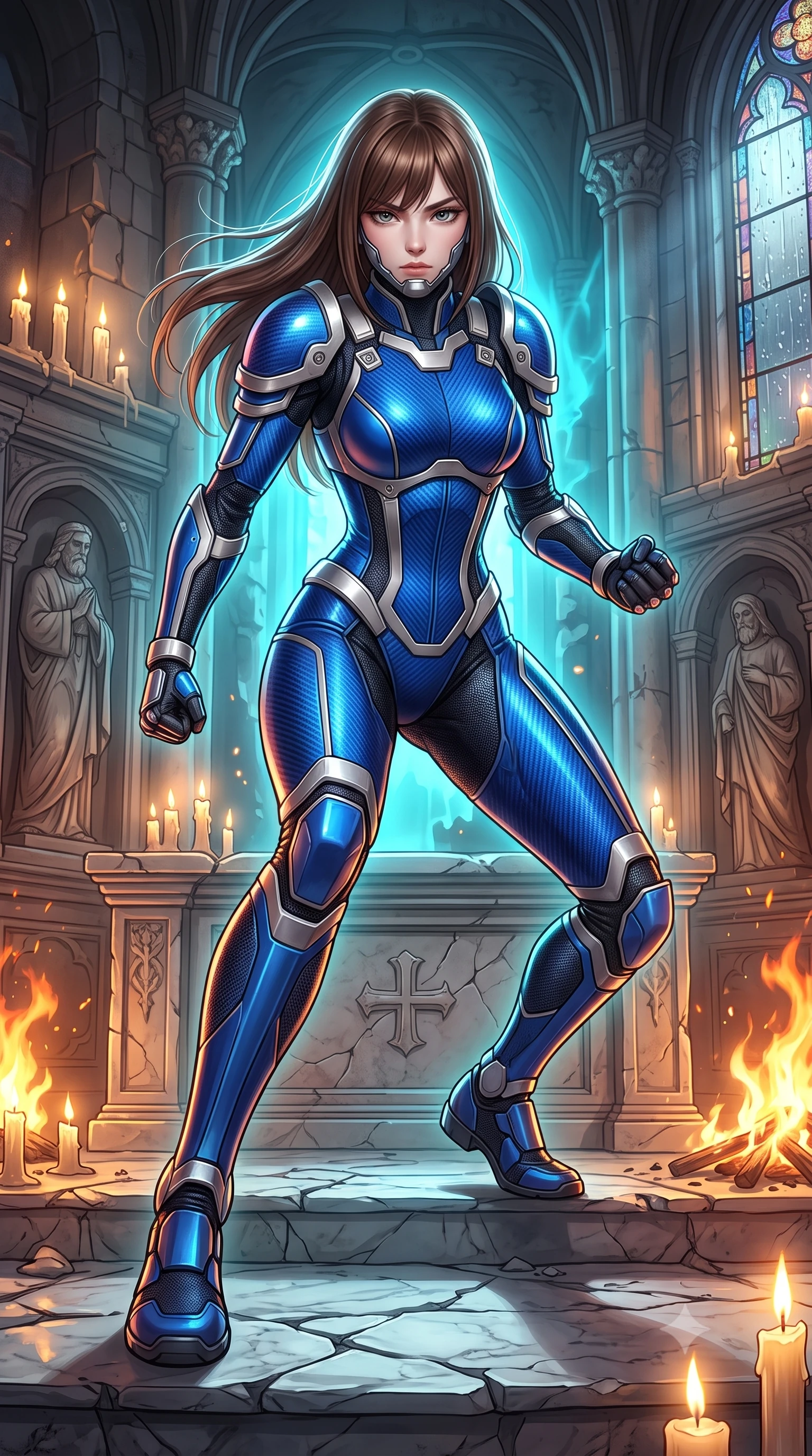 score_9, masterpiece, best quality, ultra-detailed, high-budget anime keyframe, semi-realistic 3D game render, editorial fashion photography, tasteful artistic composition, Korean woman. low angle full-body shot from head to toe showing her feet, filling the entire 9:16 vertical frame with her statuesque presence, stretching her vertical silhouette. striding forward with sovereign warrior elegance in a low, predatory combat advance through the ruins, hips swaying with fierce athletic poise while landing in a low defensive crouch on the cracked marble altar with fists clenched in unwavering resolve. The surrounding environment is rendered in vivid detail and crisp panoramic clarity. detailed saint statue reliefs, rain-streaked stained glass borders, and armor joint mesh in high clarity. She has an absolutely perfect, statuesque 8.5-heads proportion, an exceptionally tall and slender model-like female figure with impossibly long slender legs, a toned flat midriff, and an ultra-slim waist. sharp v-shaped jawline, high-bridge nose, intricate jewel-like eyes with depth, thick eyelashes, glossy lips with a natural sheen, fierce and resolute heroine expression, flawlessly proportioned anatomical accuracy, strict slender model proportions, natural body alignment, perfectly sculpted long slender limbs, ultra-slim waistline, clean dynamic posture without body distortion. wearing a sleek titanium half-face combat rebreather guard protecting her lower jaw while leaving her expressive eyes and long hair flowing freely, paired with a statuesque high-fashion cyber-warrior armor suit with platinum bevels, heavy articulated shoulder guards, and an ultra-slim waist-cinching corset in electric cobalt blue carbon with brushed platinum tactical trim, crafted from ultra-strong woven carbon-fiber composite with battle-tested satin luster, finished with high-mobility flexible armor articulation seams and miniature magnetic locks, the glove-like aerodynamic second-skin fit tightly clinging to her ultra-slender waist and athletic curves without adding bulk, accentuating her razor-sharp statuesque lines and slim hourglass silhouette. bathed in flickering candlelight and blazing fires with cool cyan kinetic energy backlighting. rich saturated anime colors with glowing neon highlights, detailed shading with soft gradients, rich glossy textures, high-contrast stereoscopic depth, volumetric dynamic lighting, master piece, 9:16 ratio