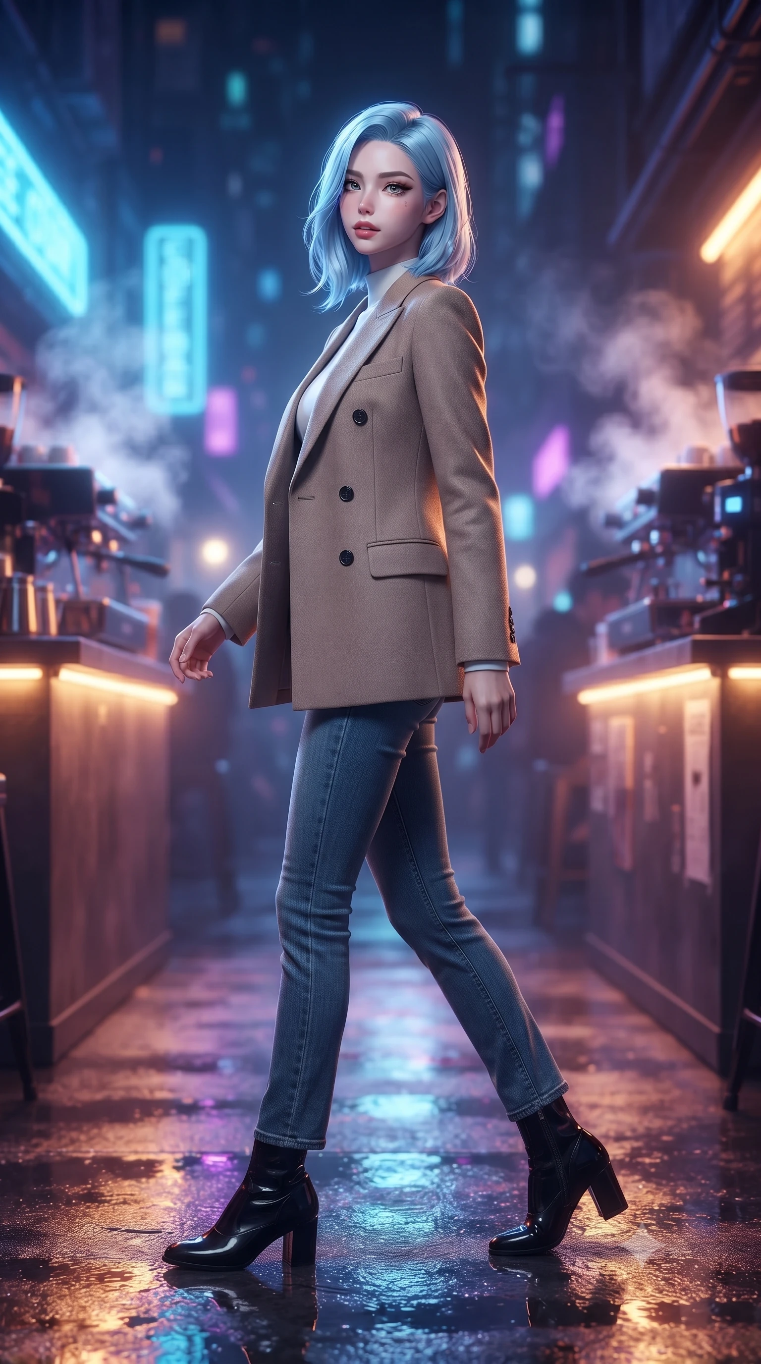 score_9, masterpiece, best quality, ultra-detailed, high-budget anime keyframe, editorial fashion photography, tasteful artistic composition, Korean woman. low angle full-body shot from head to toe showing her feet, filling the entire 9:16 vertical frame with her statuesque presence, stretching her vertical silhouette. stepping gracefully while looking back over her shoulder, her dress draped tightly to reveal her silhouette the background shows a soft-focus a cyber-noir coffee bar with glowing counter edges and steamy espresso machines. She has an absolutely perfect, statuesque 8.5-heads proportion, an exceptionally tall and slender model-like female figure with impossibly long slender legs and an ultra-slim waist. sharp v-shaped jawline, high-bridge nose, intricate jewel-like eyes with depth, thick eyelashes, glossy lips with a natural sheen. wearing a body-hugging tailored double-breasted blazer in sand wool, worn over a white mock-neck tee and denim jeans. warm amber desk lighting contrasting with cool blue neon street reflections. ultra-reflective glossy finish, specular highlights, metallic sheen, high-contrast stereoscopic depth, volumetric dynamic lighting, 2k, ultra detail, master piece, 9:16 ratio