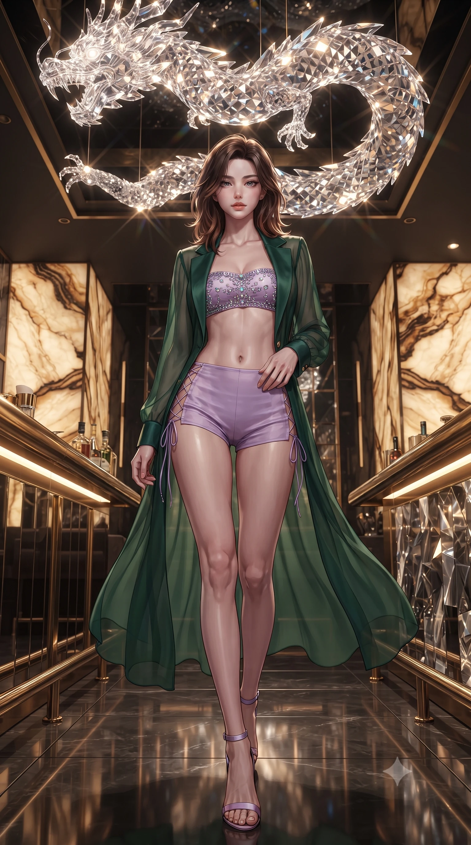 score_9, masterpiece, best quality, ultra-detailed, high-budget anime keyframe, editorial fashion photography, tasteful artistic composition, Korean woman. low angle full-body shot from head to toe showing her feet, filling the entire 9:16 vertical frame with her statuesque presence, stretching her vertical silhouette. stepping slowly toward the camera with hypnotic grace, hips swaying in an alluring sensual rhythm that accentuates her curvy hourglass silhouette and long slender legs while twisting her slender torso in an alluring contrapposto stance beneath the undulating crystal dragon sculpture suspended overhead. The surrounding environment is rendered in vivid detail and crisp panoramic clarity: sharp backlit onyx stone veining, faceted crystal glass reflections, and polished brass bar rail gleam in deep focus. She has an absolutely perfect, statuesque 8.5-heads proportion, an exceptionally tall and slender model-like female figure with impossibly long slender legs, an ultra-slim waist, a flat toned midriff, narrow delicate ribcage, and beautifully sculpted feminine hips creating a graceful, slim hourglass silhouette without any bulky heaviness. sharp v-shaped jawline, high-bridge nose, sparkling eyes with hypnotic seductive depth, thick curled eyelashes, glossy parted lips with a natural dewy peach sheen, alluring bedroom-eyes with an enchanting coquettish smile, exuding magnetic siren charisma and sophisticated glamour, flawlessly proportioned anatomical accuracy, strict slender model proportions, natural body alignment, perfectly sculpted long slender limbs, ultra-slim waistline, clean dynamic posture without body distortion. wearing a tailored open-front smoking jacket worn over a jewel-embellished bandeau top and micro-shorts in vibrant jungle monstera green and dewy orchid lavender, made of sheer gossamer chiffon that drapes softly against skin with airy translucence, featuring fine criss-cross lace-up side ties revealing tantalizing glimpses of her hip curve, the form-contouring silhouette accentuating her sculpted flat midriff, narrow delicate ribcage, and gracefully curvy hips with intoxicating allure. illuminated by crystal chandelier refractions and sharp warm-gold rim lights sculpting her jawline, ultra-slim waist, and curvy hips. ultra-reflective glossy finish, specular highlights, rich textural contrasts, high-contrast stereoscopic depth, volumetric dynamic lighting, 2k, ultra detail, master piece, 9:16 ratio