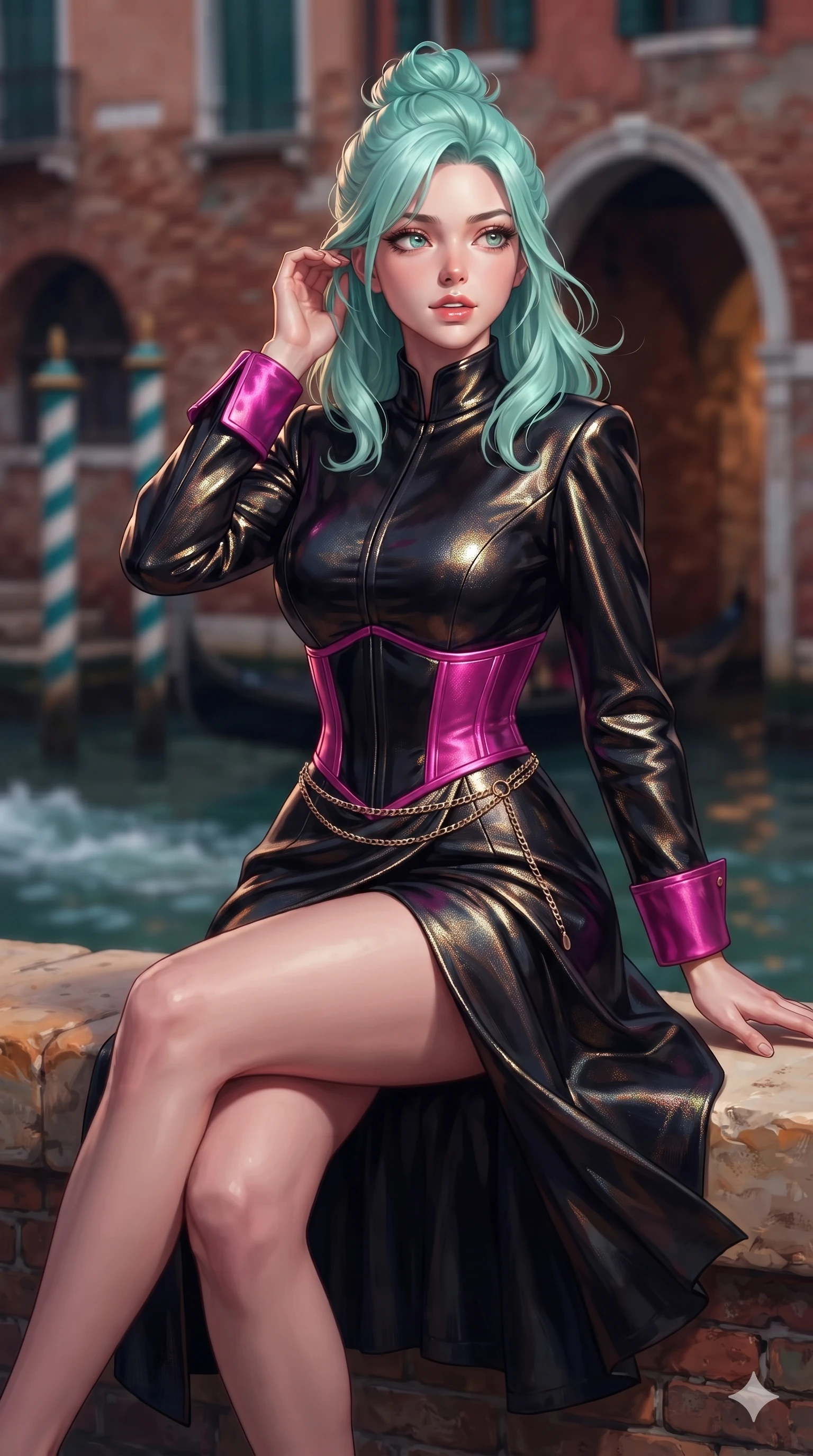 score_9, masterpiece, best quality, ultra-detailed, high-budget anime keyframe, editorial fashion photography, tasteful artistic composition, Japanese woman. close-up cowboy shot from the waist and thighs up, the character dominates the composition, filling the frame with her large presence. gently brushing a lock of hair behind her ear while casting a playful, flirtatious side-gaze with long eyelashes while perching gracefully on the warm stone parapet with legs crossed, her wind-fluttered dress revealing a tantalizing glimpse of her long slender leg. The background shows a soft-focus striped barber-pole gondola moorings, weathered ancient brick arches, and gentle canal wake ripples blurred into terracotta, teal, and gold bokeh. She has an exceptionally elegant, slender, and willowy female figure with an ultra-slim waist, flat toned midriff, narrow ribcage, and sculpted feminine hips creating an alluring, slim hourglass silhouette without bulk. sharp v-shaped jawline, high-bridge nose, intricate jewel-like sparkling eyes with depth, thick eyelashes, glossy parted lips with a natural sheen, intensely captivating and seductive bedroom-eyes expression, exuding both youthful cute charm and sovereign luxury allure, flawlessly proportioned anatomical accuracy, strict slender model proportions, natural body alignment, perfectly sculpted long slender limbs, ultra-slim waistline, clean dynamic posture without body distortion. wearing a tailored high-collar velvet evening coat dress with structural waist cinching and satin cuff accents in black lacquer and vibrant magenta neon, crafted from luxurious metallic lamé that shifts radiance with every step, accented with a delicate gold chain belt resting loosely on her curvy hips, the impeccably tailored cut draping gracefully along her slender figure with aristocratic poise. illuminated by emerald canal water reflections and sharp silver-rose rim lights sculpting her razor-sharp jawline, narrow waist, and curvy hips. ultra-reflective glossy finish, specular highlights, rich textural contrasts, high-contrast stereoscopic depth, volumetric dynamic lighting, 2k, ultra detail, master piece, 9:16 ratio