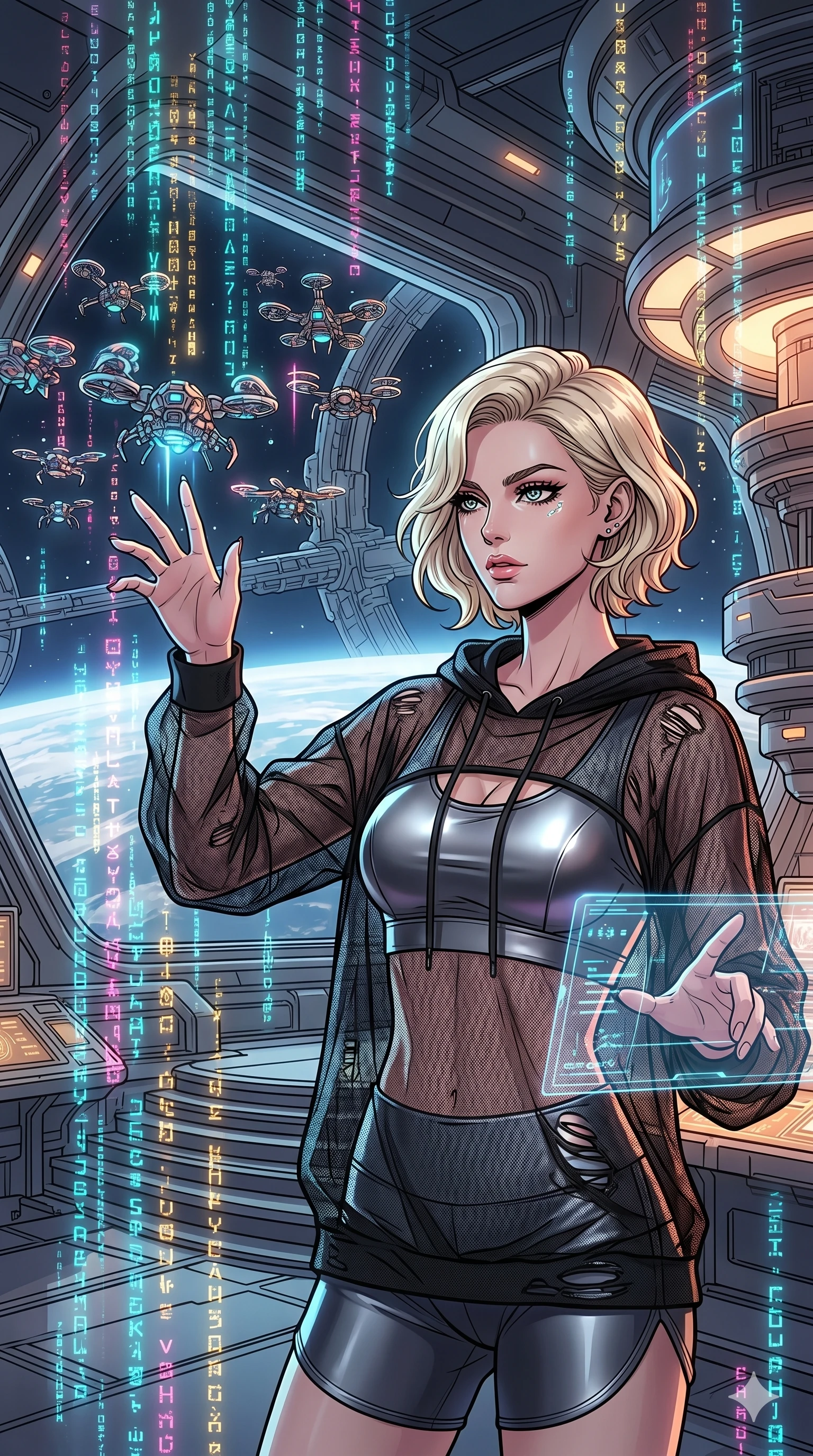 score_9, masterpiece, best quality, ultra-detailed, high-budget anime movie keyframe, cinematic anime lighting, intricate line art, Caucasian (strictly human ears) woman. Medium shot of upper body capturing the intricate details of her high-fashion attire. commanding a drone swarm in a futuristic orbital station with holographic rain. She has an absolutely perfect 8-heads proportion, an exceptionally tall and slender female figure with an ultra-slim waist and impossibly long slender legs. sharp v-shaped jawline, high-bridge nose, intricate jewel-like eyes, thick eyelashes, glossy lips. Wearing premium athleisure set with a metallic-finish compression top, high-cut yoga shorts that accentuate her long legs, and a sheer oversized hoodie. The scene is illuminated by dramatic atmospheric lighting and vibrant color palettes. , 2k, ultra detail, master piece, 9:16 ratio