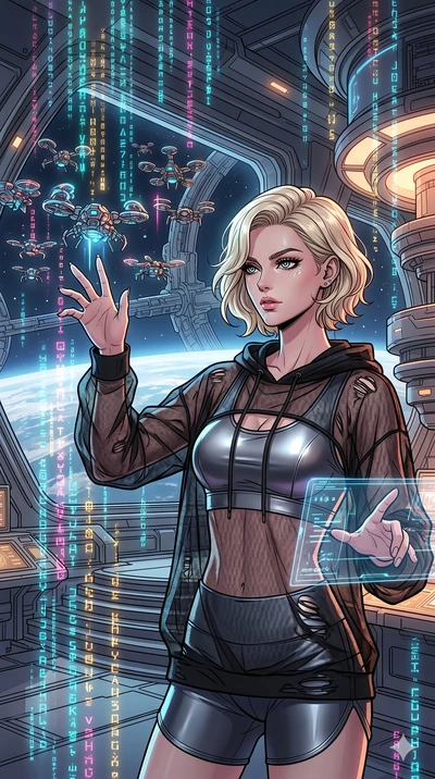 score_9, masterpiece, best quality, ultra-detailed, high-budget anime movie keyframe, cinematic anime lighting, intricate line art, Caucasian (strictly human ears) woman. Medium shot of upper body capturing the intricate details of her high-fashion a