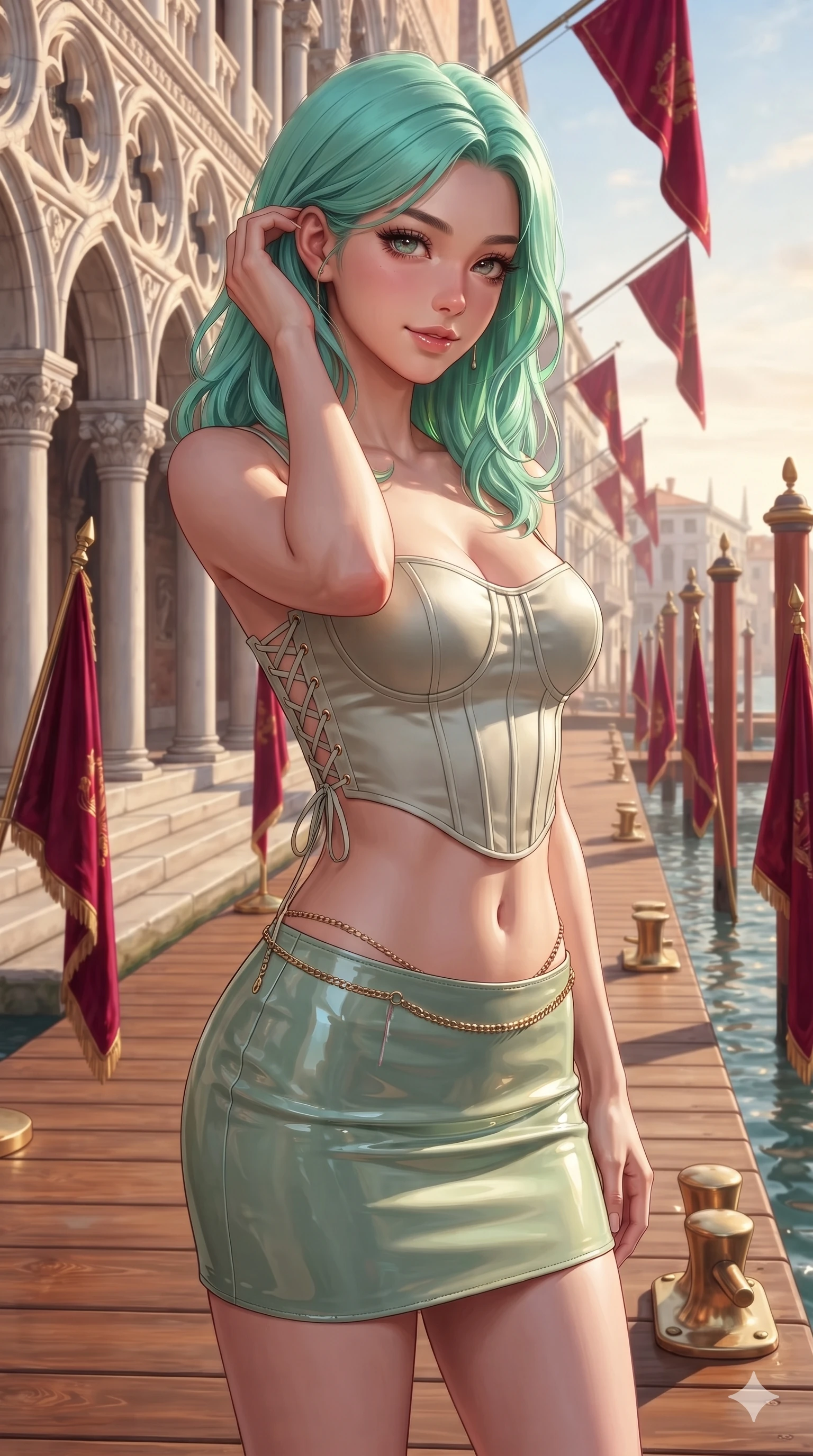 score_9, masterpiece, best quality, ultra-detailed, high-budget anime keyframe, editorial fashion photography, tasteful artistic composition, Japanese woman. close-up cowboy shot from the waist and thighs up, the character dominates the composition, filling the frame with her large presence. gently brushing a lock of hair behind her ear while casting a playful, flirtatious side-gaze with long eyelashes while standing poised on the polished wooden regatta pier as crimson velvet mooring pennants flutter in the maritime breeze, arching her lower back with sovereign supermodel grace. The surrounding environment is rendered in vivid detail and crisp panoramic clarity: sharp carved gothic cloverleaf arcade reliefs, polished brass mooring cleats, and crystalline water wake speculars in deep focus. She has an exceptionally elegant, slender, and willowy female figure with an ultra-slim waist, flat toned midriff, narrow ribcage, and sculpted feminine hips creating an alluring, slim hourglass silhouette without bulk. sharp v-shaped jawline, high-bridge nose, intricate jewel-like sparkling eyes with depth, thick eyelashes, glossy parted lips with a natural sheen, intensely captivating and seductive bedroom-eyes expression, exuding both youthful cute charm and sovereign luxury allure, flawlessly proportioned anatomical accuracy, strict slender model proportions, natural body alignment, perfectly sculpted long slender limbs, ultra-slim waistline, clean dynamic posture without body distortion. wearing a sculpted matte satin underwire crop corset with lace-up side ties paired with a low-rise micro skirt in celadon jade and antique gold-leaf, tailored from high-gloss patent leather with mirror-like specular highlights, accented with a delicate gold chain belt resting loosely on her curvy hips, the impeccably tailored cut draping gracefully along her slender figure with aristocratic poise. bathed in the warm radiant 2700K morning sunlight reflecting off the canal ripples with crisp specular glints. ultra-reflective glossy finish, specular highlights, rich textural contrasts, high-contrast stereoscopic depth, volumetric dynamic lighting, 2k, ultra detail, master piece, 9:16 ratio