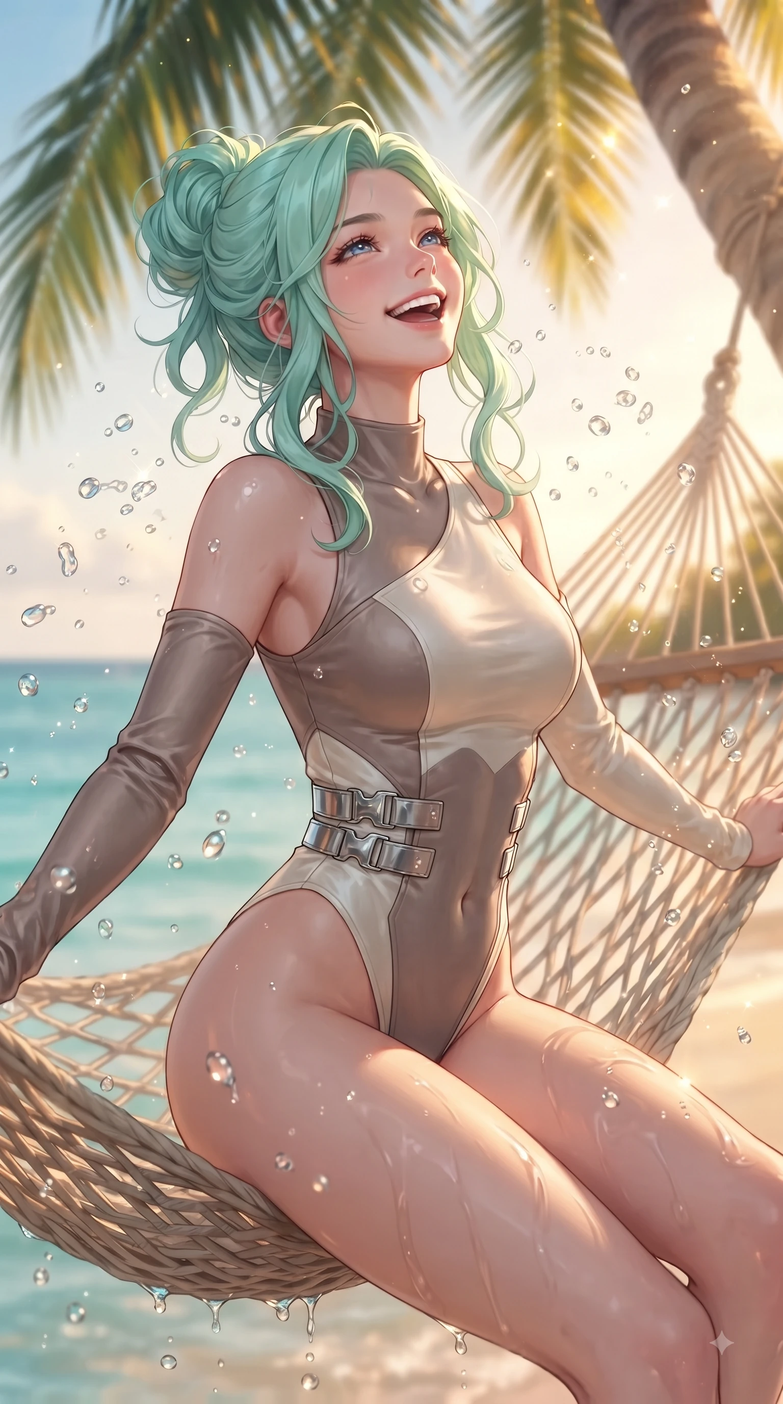 score_9, masterpiece, best quality, ultra-detailed, high-budget anime keyframe, editorial fashion photography, tasteful artistic composition, Japanese woman. close-up cowboy shot from the waist and thighs up, the character dominates the composition, filling the frame with her large presence, background elements kept in soft focus. Tilting her chin up with a beaming smile of pure delight while balancing dynamically amidst the scene while lounging joyfully on a sea-facing hammock suspended between coconut palms at golden hour, dazzling tropical sunlight scattering sparkling water droplets around her laughing silhouette. She has an exceptionally elegant, slender, and willowy female figure with an ultra-slim waist, a gracefully sculpted slender torso, and a refined silhouette. sharp v-shaped jawline, high-bridge nose, intricate jewel-like eyes with depth, thick eyelashes, glossy lips with a natural sheen, flawlessly proportioned anatomical accuracy, natural body alignment, perfectly sculpted elegant limbs, clean dynamic posture without body distortion. wearing an asymmetrical high-cut tech-bodysuit with detached sleeves in muted taupe and soft ivory, made of premium stretch velvet with a rich sheen, detailed with polished silver buckles along the waistline, the sleek second-skin texture accentuating her magnetic presence. bathed in brilliant tropical sunshine and glittering ocean water refractions. ultra-reflective glossy finish, specular highlights, metallic sheen, high-contrast stereoscopic depth, volumetric dynamic lighting, 2k, ultra detail, master piece, 9:16 ratio