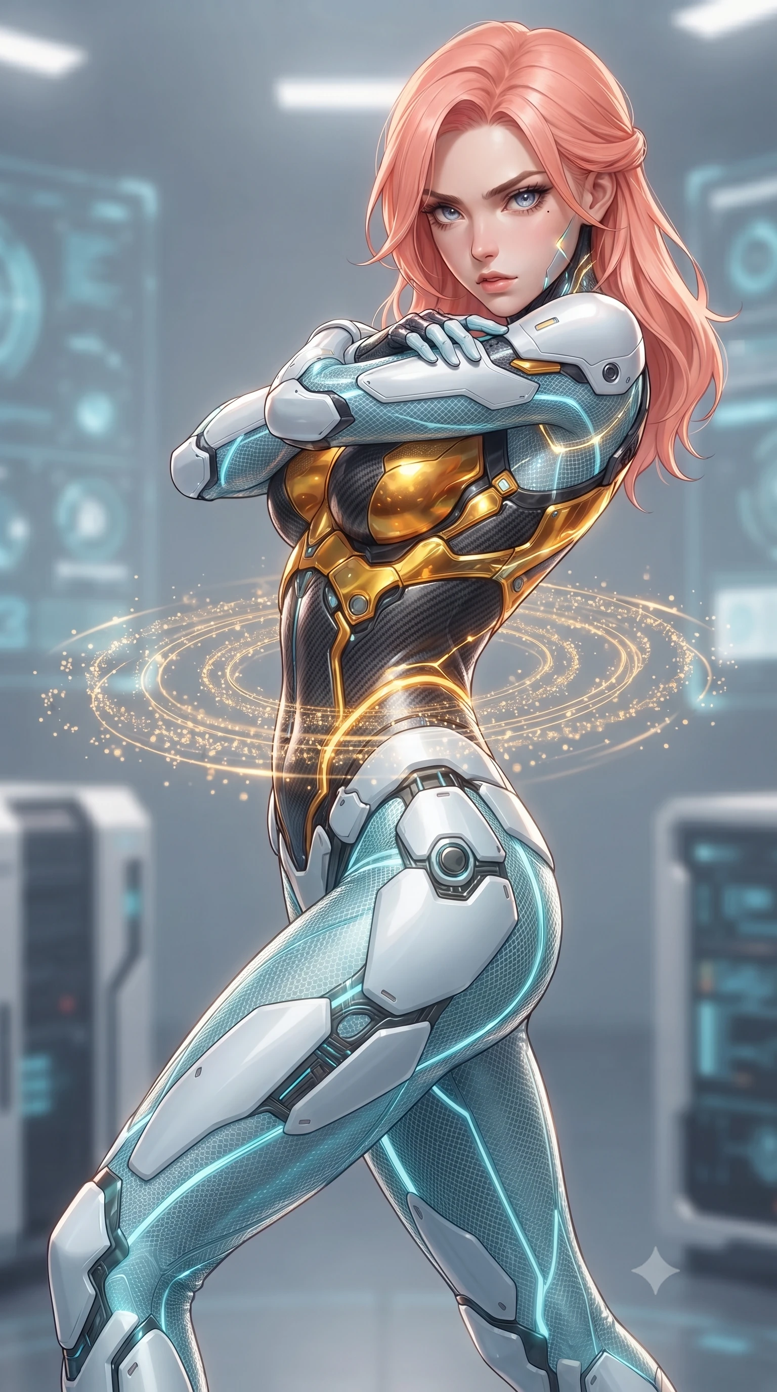score_9, masterpiece, best quality, ultra-detailed, high-budget anime keyframe, editorial fashion photography, tasteful artistic composition, Japanese woman. close-up cowboy shot from the waist and thighs up, the character dominates the composition, filling the frame with her large presence. shifting into a low cat-stance with arms crossed defensively, glowing energy conduits tracing her ultra-slim waist and sculpted clavicle while arching her spine in a fluid zero-gravity back-arch as holographic data particles swirl in a golden mandala around her waist. The composition keeps background elements in soft focus with creamy bokeh. supercomputer processor towers and holographic interface walls softened in dreamy atmospheric depth. She has an exceptionally elegant, slender, and willowy female figure with an ultra-slim waist, a gracefully sculpted slender torso, toned flat midriff, and a refined slim silhouette. sharp v-shaped jawline, high-bridge nose, intricate jewel-like eyes with depth, thick eyelashes, glossy lips with a natural sheen, flawlessly proportioned anatomical accuracy, strict slender model proportions, natural body alignment, perfectly sculpted long slender limbs, ultra-slim waistline, clean dynamic posture without body distortion. wearing a sculpted molten-gold and dark carbon cuirass paired with high-mobility combat leggings and kinetic energy channels in glacial ice-cyan carbon mesh with pure white armor plates, crafted from semi-translucent cybernetic carbon-vinyl interwoven with glowing micro-filaments, finished with high-mobility flexible limb seams and miniature magnetic armor locks, the glove-like aerodynamic second-skin fit tightly clinging to her ultra-slender waist and athletic curves without adding bulk, accentuating her razor-sharp statuesque lines and slim hourglass silhouette. illuminated by sharp specular highlights tracing her ultra-slim waist, long legs, and sculpted collarbones. ultra-reflective glossy finish, specular highlights, dark metallic sheen, high-contrast stereoscopic depth, volumetric dynamic lighting, 2k, ultra detail, master piece, 9:16 ratio