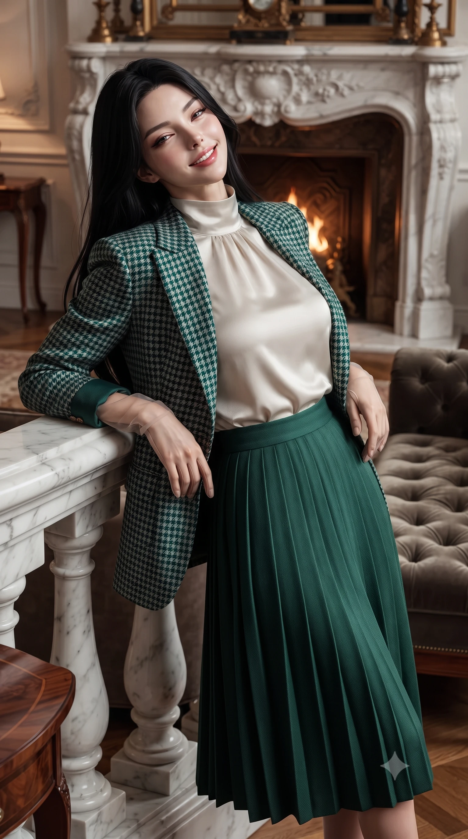 score_9, masterpiece, best quality, ultra-detailed, high-budget anime keyframe, editorial fashion photography, tasteful artistic composition, Korean woman. close-up cowboy shot from the waist and thighs up, the character dominates the composition, filling the frame with her large presence. leaning back against the balustrade with relaxed seductive grace, head tilted back slightly while casting a hypnotic, heavy-lidded gaze while twisting her slender torso in an alluring contrapposto stance, warm firelight reflections dancing across her narrow waist and curvy hips. The surrounding environment is rendered in vivid detail and crisp panoramic clarity: sharp carved white Carrara marble fireplace relief, deep button-tufted velvet upholstery seams, and polished rosewood table grain in deep focus. She has an exceptionally elegant, slender, and willowy female figure with an ultra-slim waist, flat toned midriff, narrow ribcage, and sculpted feminine hips creating an alluring, slim hourglass silhouette without bulk. sharp v-shaped jawline, high-bridge nose, intricate jewel-like sparkling eyes with depth, thick eyelashes, glossy parted lips with a natural peach sheen, bright cheerful beaming smile with an enchanting and coquettish sensual glint, exuding both youthful cute charm and seductive allure, flawlessly proportioned anatomical accuracy, strict slender model proportions, natural body alignment, perfectly sculpted long slender limbs, ultra-slim waistline, clean dynamic posture without body distortion. wearing a bespoke Normandy houndstooth equestrian blazer draped over a high-neck silk crepe blouse and pleated midi skirt in Art Nouveau malachite green and antique starlight silver, crafted from bespoke double-faced cashmere with an exceptionally soft tactile finish, complemented by sheer opera-length evening gloves tracing her slender arms, the impeccably tailored cut draping gracefully along her slender figure with aristocratic poise. illuminated by polished parquet reflection bounce and sharp rose-gold rim lights sculpting her jawline, narrow waist, and curvy hips. ultra-reflective glossy finish, specular highlights, rich textural contrasts, high-contrast stereoscopic depth, volumetric dynamic lighting, 2k, ultra detail, master piece, 9:16 ratio