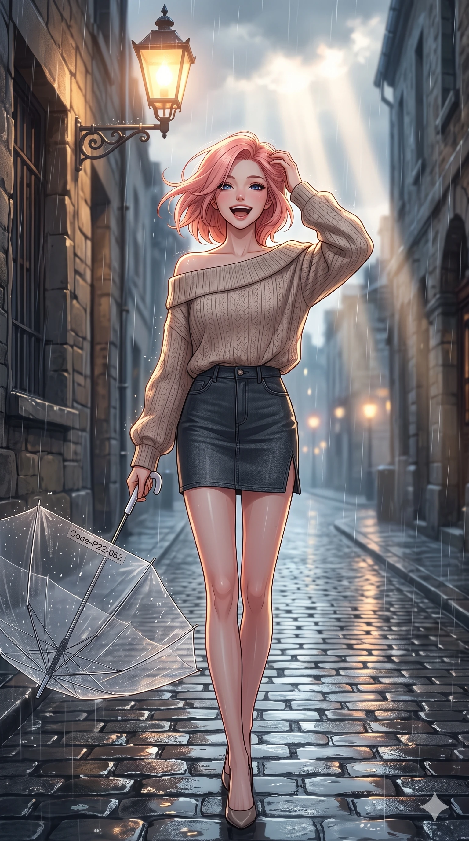 score_9, masterpiece, best quality, ultra-detailed, high-budget anime keyframe, vibrant anime aesthetic, Japanese woman. cowboy shot from the thighs up, character and outfit filling the frame for maximum presence. She is laughing happily while running her fingers through her hair in the rain, with her eyes bright and full of life with a soft breath of wind in her hair. standing on a rain-slicked cobblestone street under a warm glowing gaslight, holding a clear umbrella (Code-P22-062). She has an absolutely perfect 8-heads proportion, an exceptionally tall and slender female figure with impossibly long slender legs and an ultra-slim waist. V-shaped jawline, high-bridge nose, intricate jewel-like eyes with depth, thick eyelashes, glossy lips with a natural sheen. wearing an off-shoulder oversized sweater paired with a refined side vent denim skirt in classic charcoal. She is bathed in volumetric morning sunbeams piercing through rain clouds, accentuating her slender silhouette along the cobblestone alley. 2k, ultra detail, master piece, 9:16 ratio