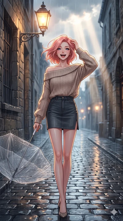 score_9, masterpiece, best quality, ultra-detailed, high-budget anime keyframe, vibrant anime aesthetic, Japanese woman. cowboy shot from the thighs up, character and outfit filling the frame for maximum presence. She is laughing happily while runnin